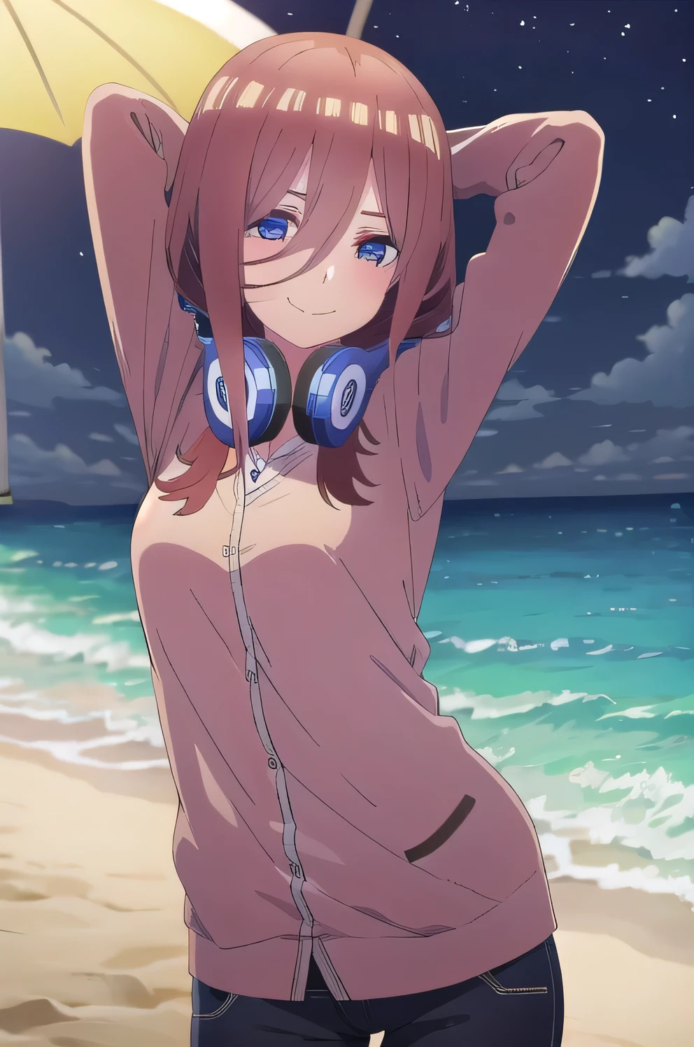 solo, 1girl, looking at viewer, 2D, anime, anime coloring, miku nakano, cardigan, headphones around neck, solo, night sky, beach, arms behind head, contrapposto, closed mouth, upper body, looking at viewer, smile,