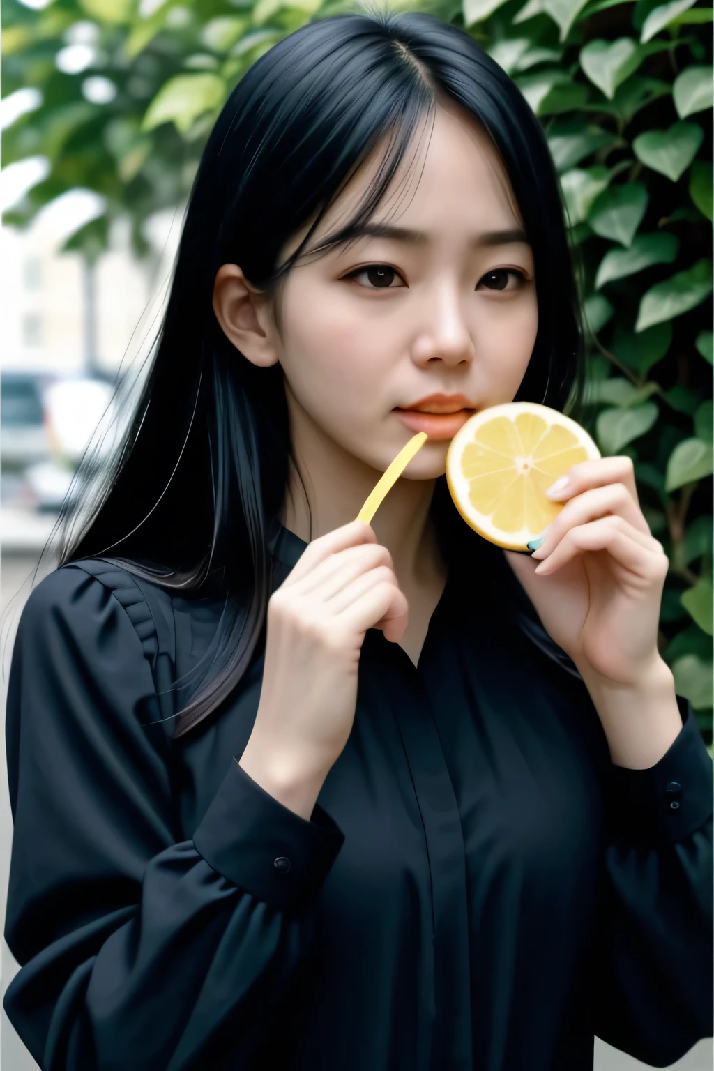 Adult woman eating a slice of lemon、Wearing a long-sleeved blouse、Face of someone who has eaten something sour、Upper Body、Outdoor