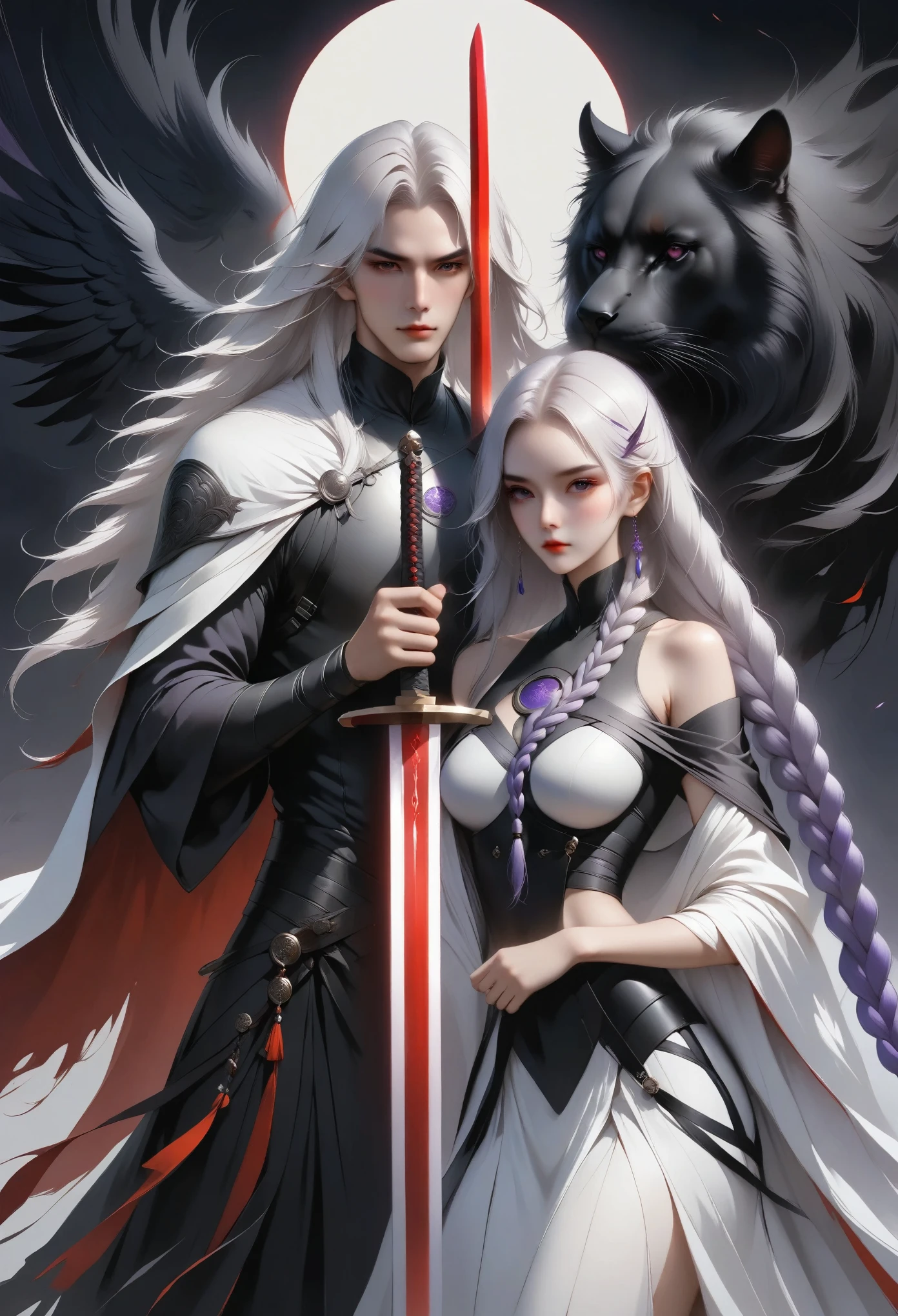 Break,Girl with sword,Simple lines minimalism,Abstract Art,(((Holding a red long sword,White long hair,Purple double long braids,High Neck Off Shoulder Cropped Short Sleeve Top,Round glow on chest,Skirt slit,Holding a long sword))).Mysterious man in cloak:1.37,