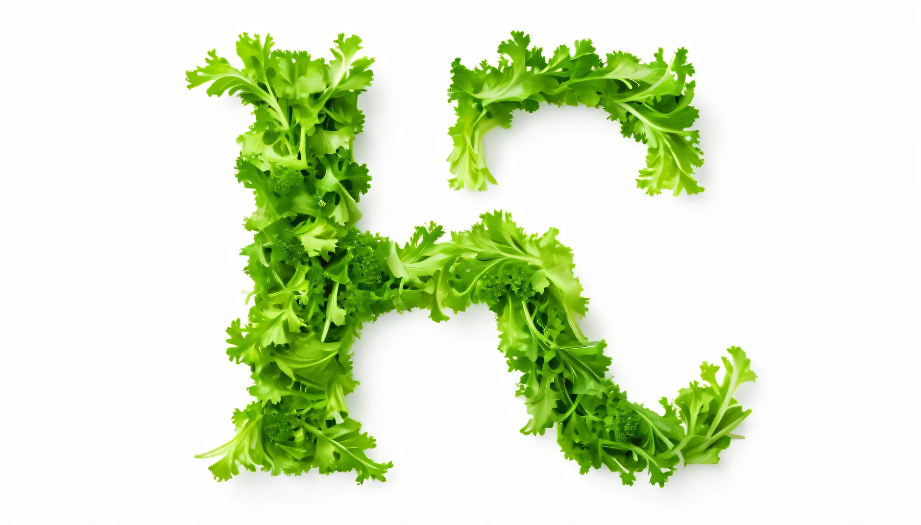 Character ' H ' made of salad, sharp outline, photography, isolated white background .