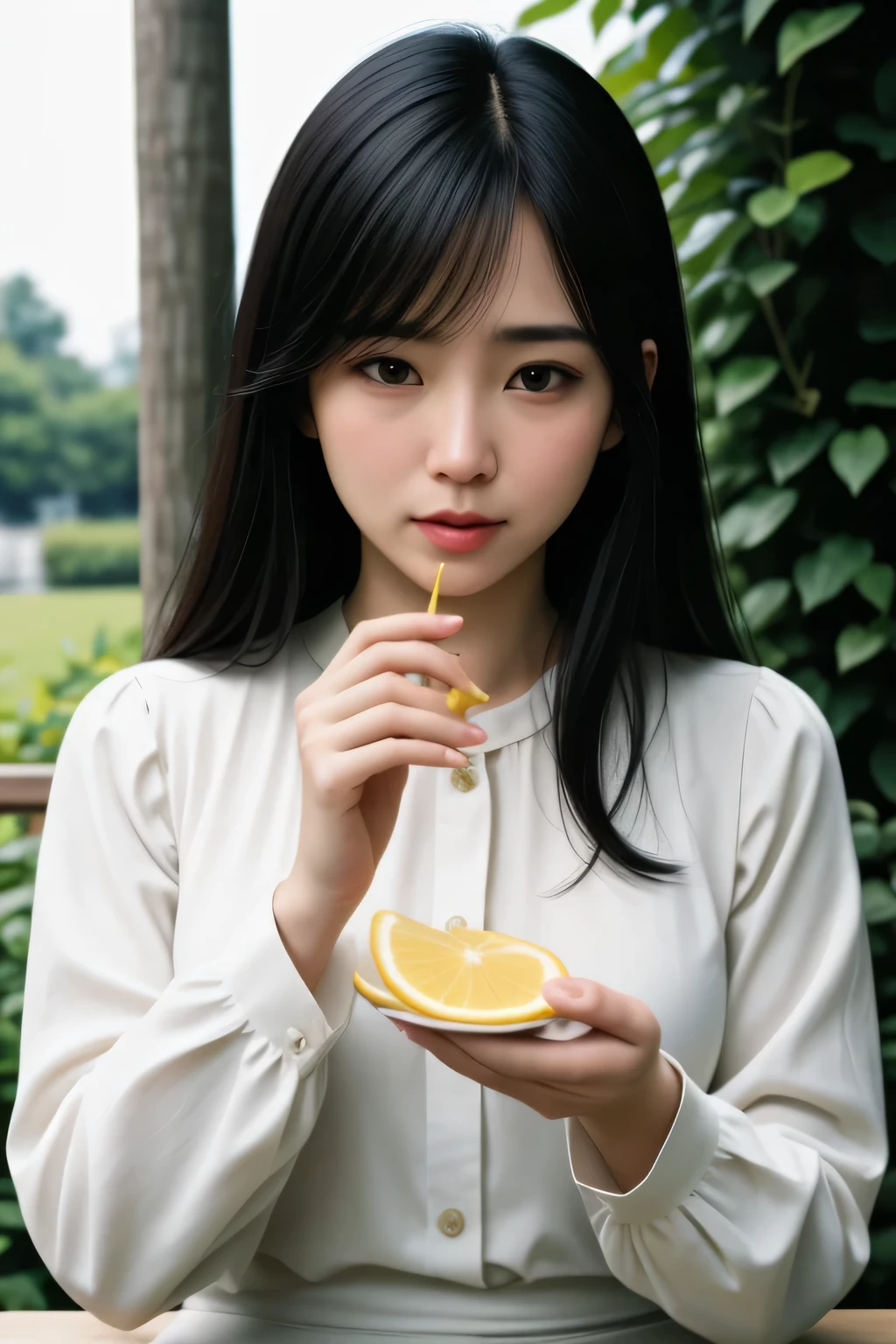 Adult woman eating a slice of lemon、Wearing a long-sleeved blouse、Face of someone who has eaten something sour、Upper Body、Outdoor