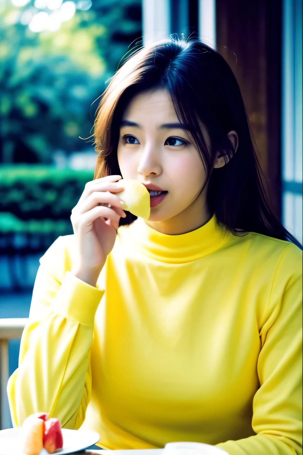 Adult woman eating a slice of lemon、Wearing a long-sleeved blouse、Face of someone who has eaten something sour、Upper Body、Outdoor