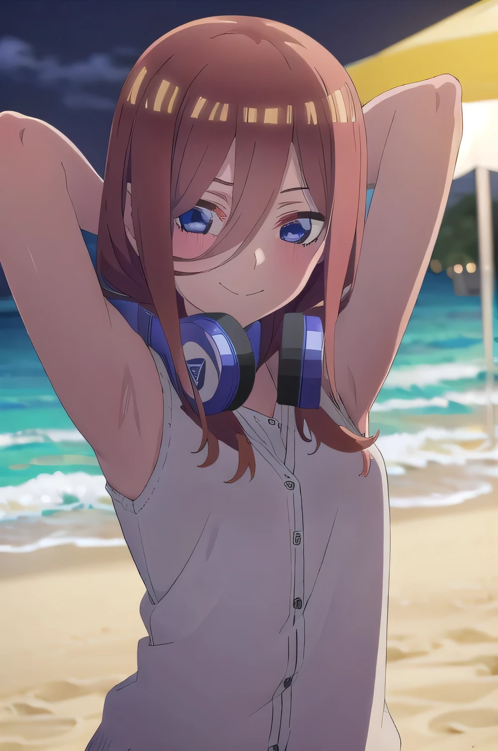 solo, 1girl, looking at viewer, 2D, anime, anime coloring, miku nakano, cardigan, headphones around neck, solo, night sky, beach, arms behind head, contrapposto, closed mouth, upper body, looking at viewer, smile,