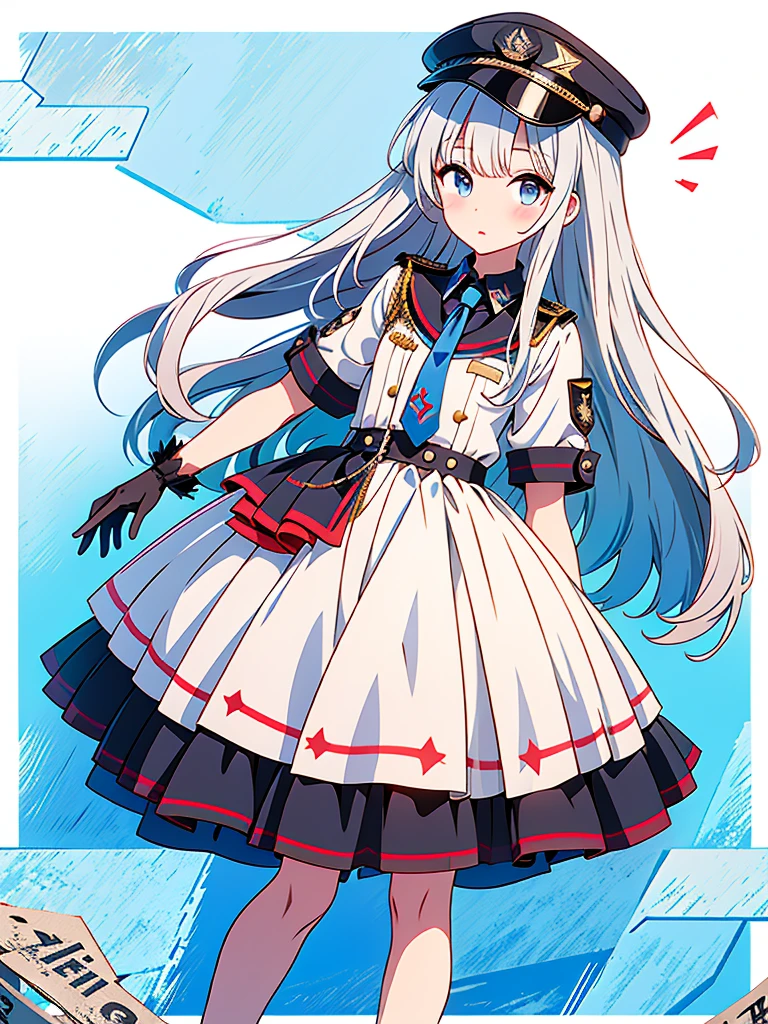 Movie Posters、1girl、highest quality、vtuber-fullbody、Long hair with a milky white color on top and a blue gradation as it goes down、Masterpiece、Official Art、The best composition、Standing in front of the viewer、Simple Background、Black and red gothic military、m1l1t4ry, necktie, black gloves, black dress, peaked cap, puffy dress, short sleeves,
