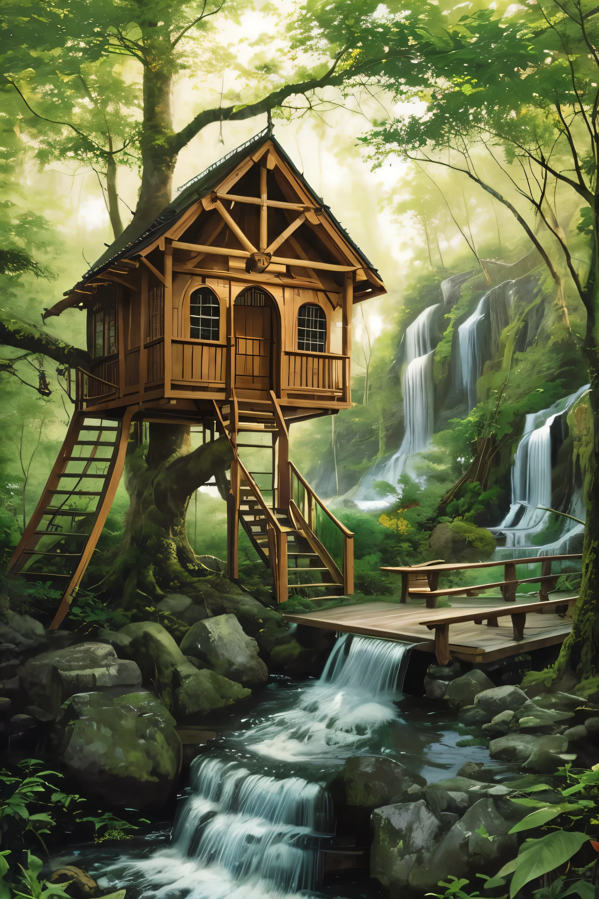 Realistic beautiful tree house near waterfall