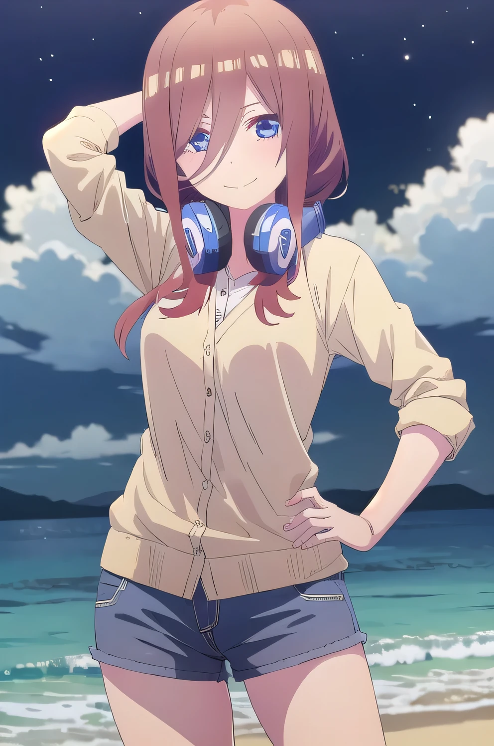 solo, 1girl, looking at viewer, 2D, anime, anime coloring, miku nakano, cardigan, headphones around neck, solo, night sky, beach, arm behind head, hand on hip,  contrapposto, closed mouth, (cowboy shot:1.5), looking at viewer, smile,