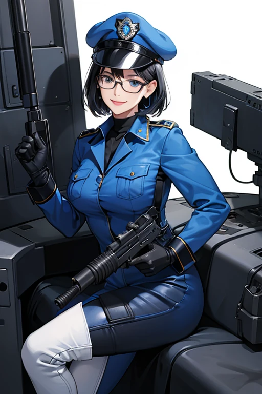A mature policewoman with glasses and black hair in a blue enamel catsuit, wearing white boots, white gloves, a blue police hat and a machine gun in her hand, smiling