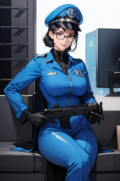 A mature policewoman with glasses and black hair in a blue enamel catsuit, wearing white boots, white gloves, a blue police hat and a machine gun in her hand, smiling
