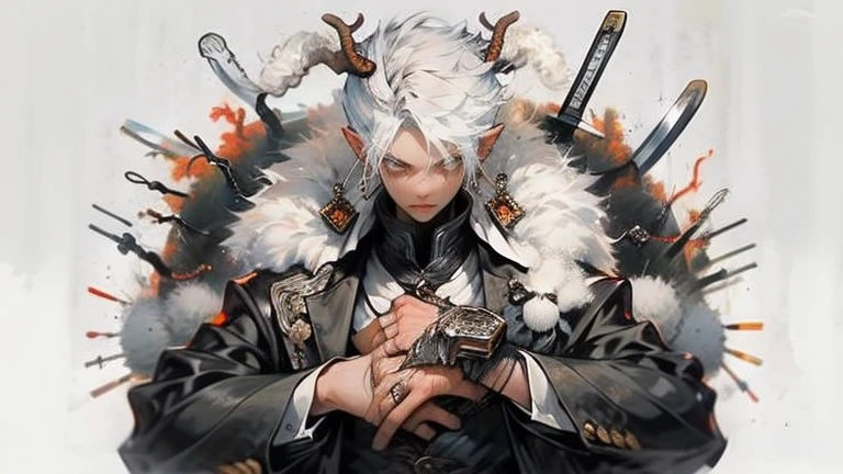White horned goat, (close: 1.1), Upper Body, weapons, White horned goat head, Focus on women, sword, single, Japanese Costume, Handheld, Handheld Weapons, knife, Handheld Sword, sheath, Long sleeve, number suit, kimono, suit... construction background,YouTube Images