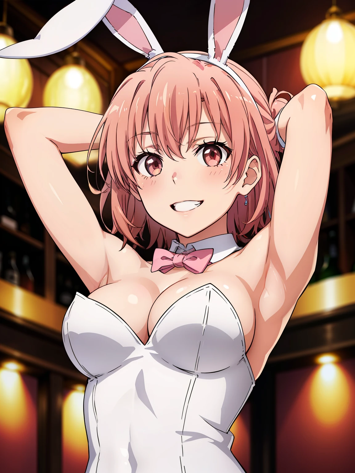 ((highest quality, High resolution,  Perfect Pixel,  4k)), (1 girl),  (Beautiful Anime Girls), 
Watching the audience, 
Perfect body, 

yuigahama yui, Big Breasts、Detailed eyes、Brown eyes、Glowing Skin、Armpit、

(blush:1.1)、smile、grin, 

cleavage, bare shoulders, 
playboy bunny, 
white leotard, strapless leotard, pink bowtie, detached collar, 
rabbit ears, fake animal ears, white ears, 
Focus on the chest、
arms up, From below、Upper Body、close shot, 
Girls Bar、Dim lighting、