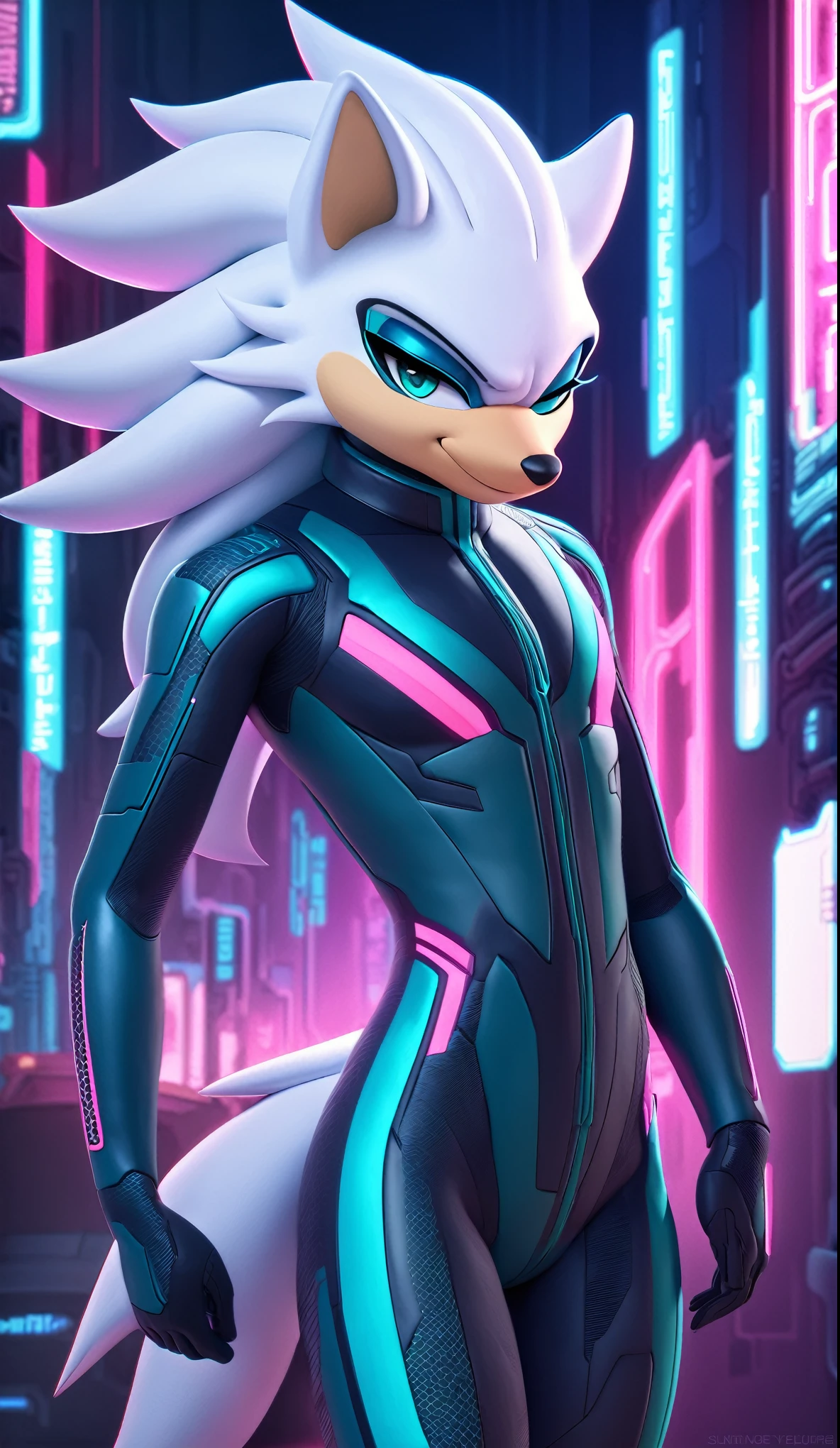 (((masterpiece:1.5, 4K, 8K))), a full body high quality digitally drawn rendered image ((by SEGA)) of A solo male anthro ((silver—white hedgehog)), with glowing blue eyes, ((metallic blue eyeliner:1.5)), (((tan muzzle))), wearing a (((sci-fi bodysuit))) stands in a neon-lit cyberpunk city The android's bodysuit is adorned with (((teal coloring:1.5))) with (((neon pink accents))), and intricate android seams, creating a futuristic look. the android has a seductive smirk on his face