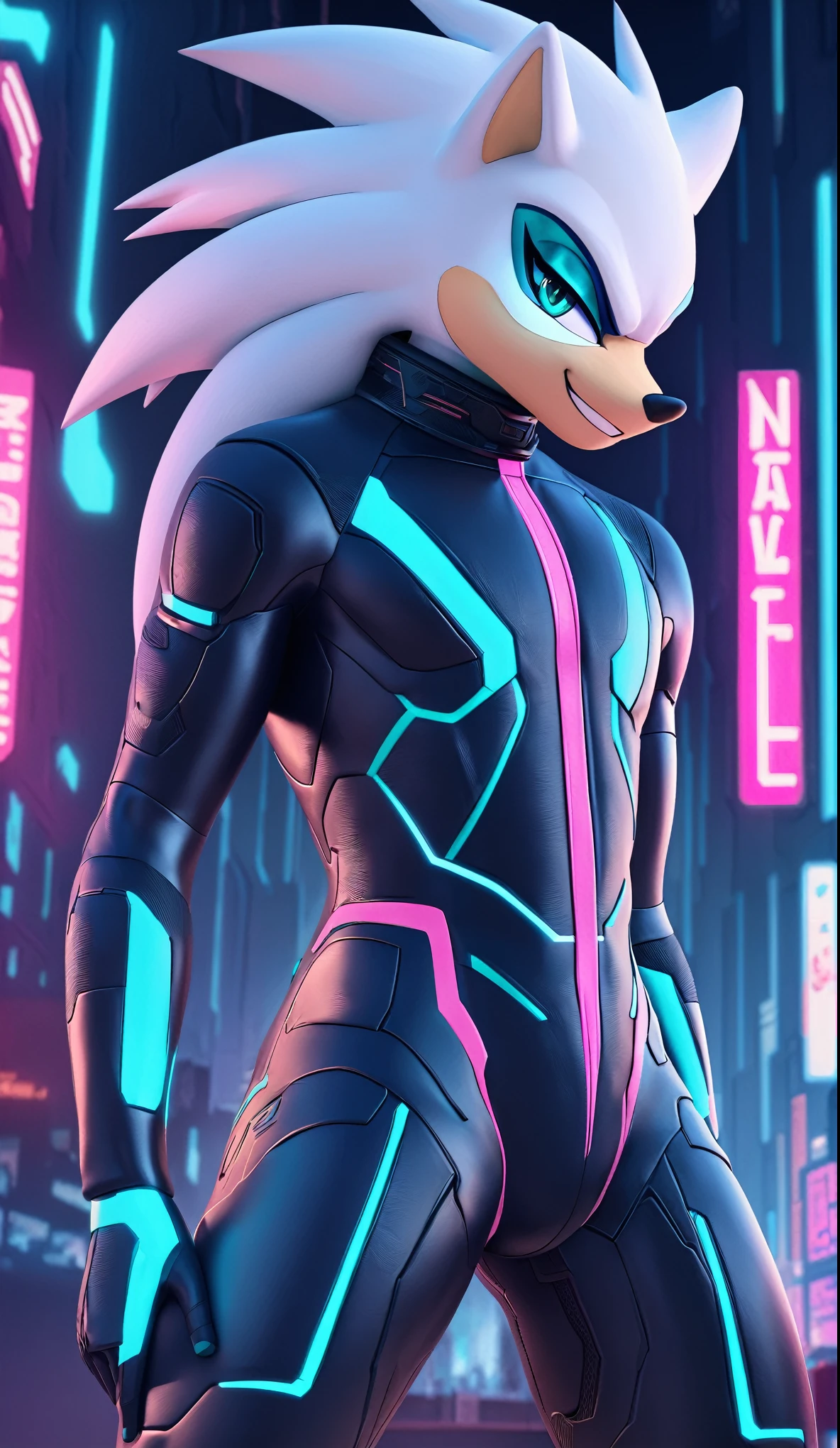 (((masterpiece:1.5, 4K, 8K))), a full body high quality digitally drawn rendered image ((by SEGA)) of A solo male anthro ((silver—white hedgehog)), with glowing blue eyes, ((metallic blue eyeliner:1.5)), (((tan muzzle))), wearing a (((sci-fi bodysuit))) stands in a neon-lit cyberpunk city The android's bodysuit is adorned with (((teal coloring:1.5))) with (((neon pink accents))), and intricate android seams, creating a futuristic look. the android has a seductive smirk on his face