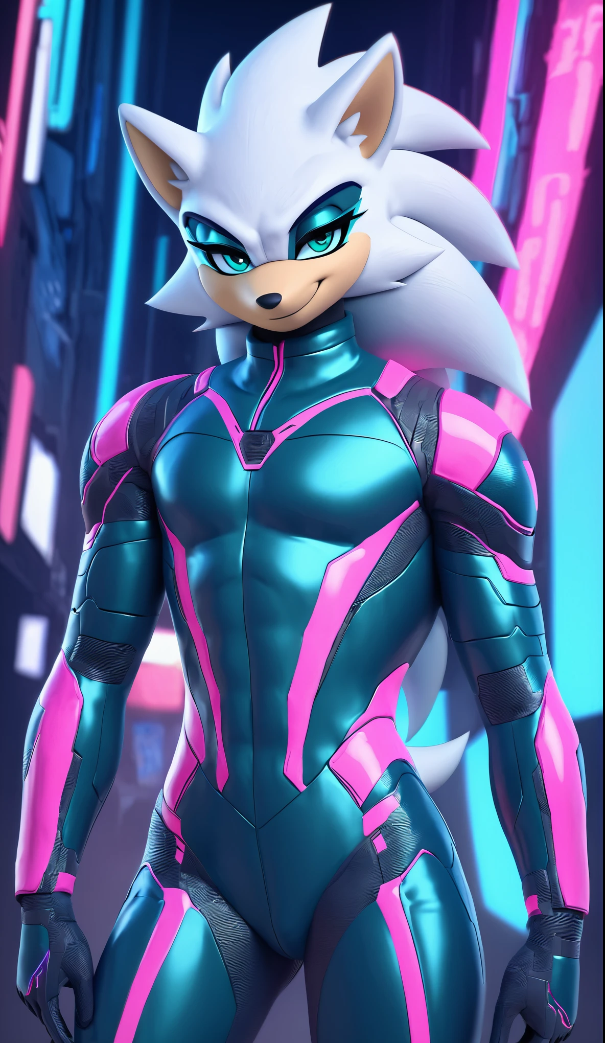Mobian, Sonic OC, Stella Hotstar the female hedgehog, grey ponytail hair, pink lipstick, pink eyes with sparkles, magenta suit with shoulder pads, white boots, 1980’s retrowave in the background