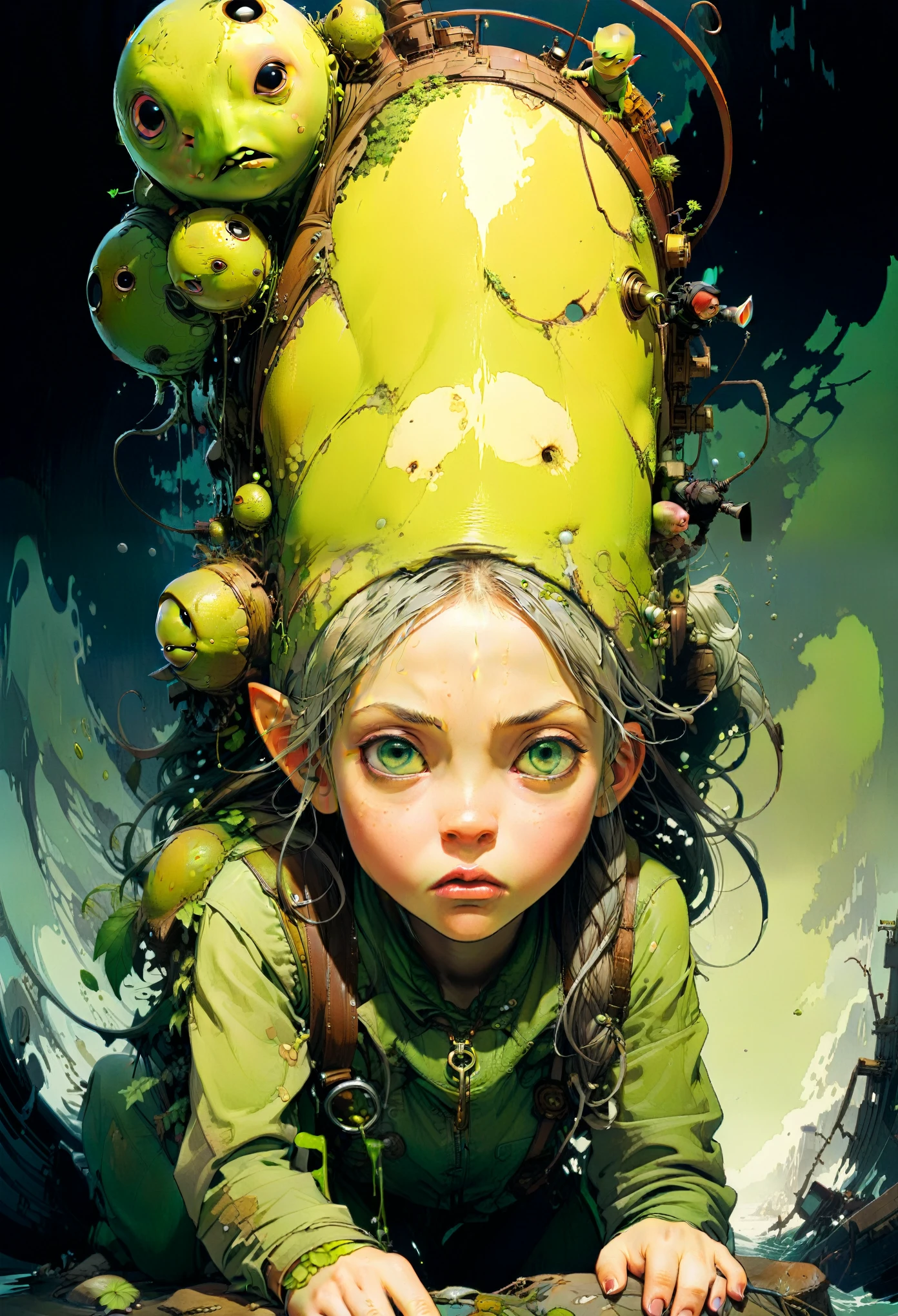 by Jean-Baptiste Monge and Tomer Hanuka, Chartreuse 78, wide angle, hyper detailed, comic book cover art, bold lines, expressive drawing, American female
