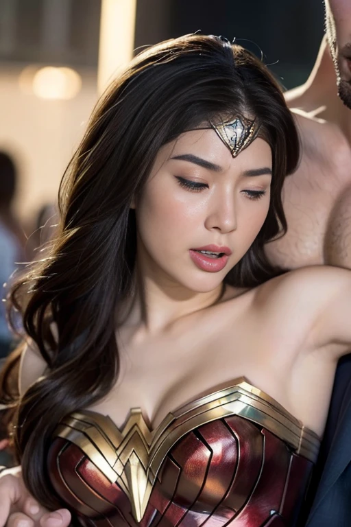 私はWonder Womanです、完璧なWonder Womanの衣装,押しDefeated,Defeated,A man mounts me,Face grabbed、Hug from the front,Hugged,Being strangled,You can hold it,Men lick my face with their tongues,The guys lick my head with their tongues,Men lick my hair with their tongues,My body is licked by men,sleeping face,Close ~ eyes,Open your mouth,Tired face,Face of Suffering,Being slapped in the face,Getting punched in the face,Fighting with men,Fight with the men,Surrounded by men,,Caught between the men,Being held back by men,Entanglement with males, Attacked by men,Brown Hair,  masterpiece、beautiful girl、fine 目、puffy eyes、highest quality, 超High resolution, (reality: 1.4), Cinema Lighting,so beautiful、Beautiful Skin、(超reality的な)、(High resolution)、(8k)、(Very detailed)、(beautiful and fine 目)、(Very detailed)、 Detailed face、Diagonal bangle hair、Brown Hair、20-year-old、Wonder Womanのコスプレ，Wonder Woman