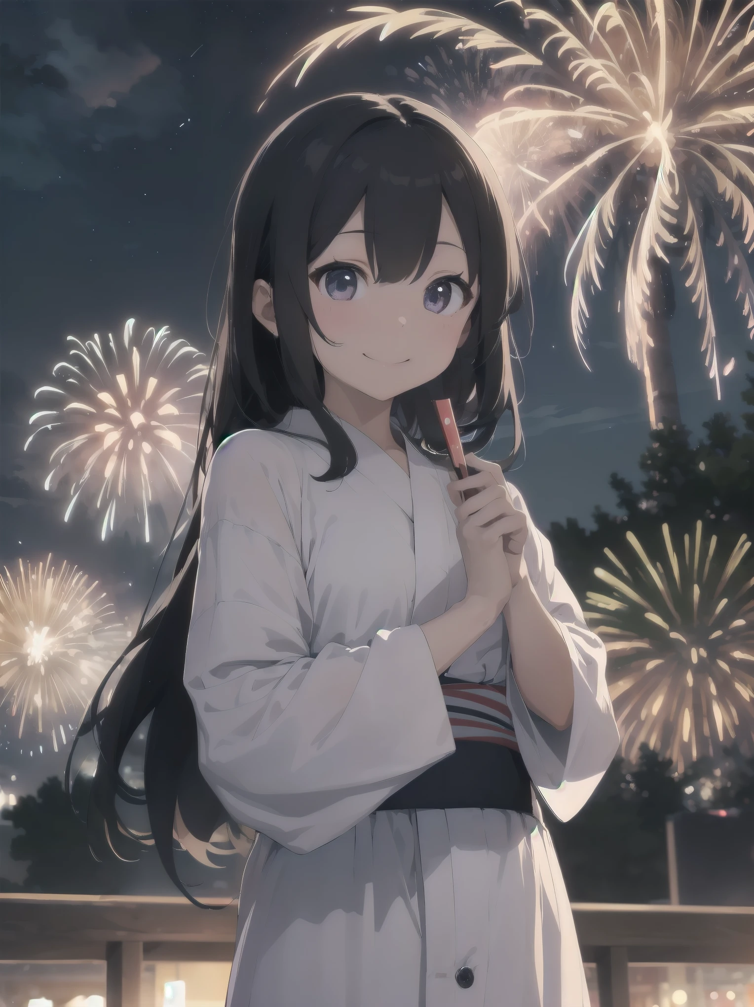 （Fireworks at night and a girl、yukata、fan、Looking up at the fireworks）
As large fireworks bloom in the summer night sky、yukataを纏った少女がfanを手に持ち、They cheer and look up.。彼女のyukataの鮮やかな色が夜の暗闇に映え、The light of the fireworks gently illuminates your face。fanを振りながら、Countless stars and fireworks reflected in her eyes、Blending in with the night sky。The excitement of the festival spreads all around、Her smile brightens up the place even more.。