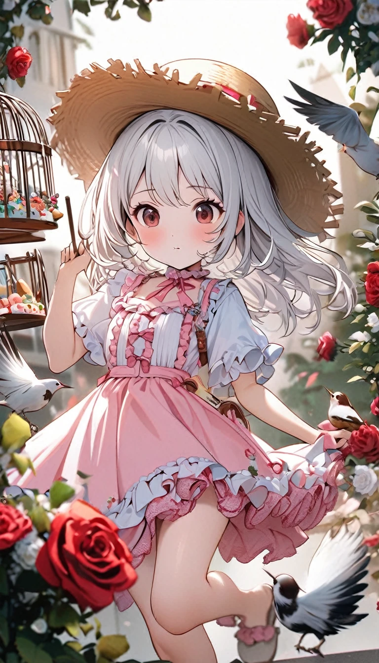 High quality, high definition, hig
h precision images,8k 1 Girl 、long white hair,、She is wearing a cute pink frilly outfit and a straw hat.cute A house made of small sweets, all around Red roses and white roses are blooming,Chasing birds with a birdcage,
.
