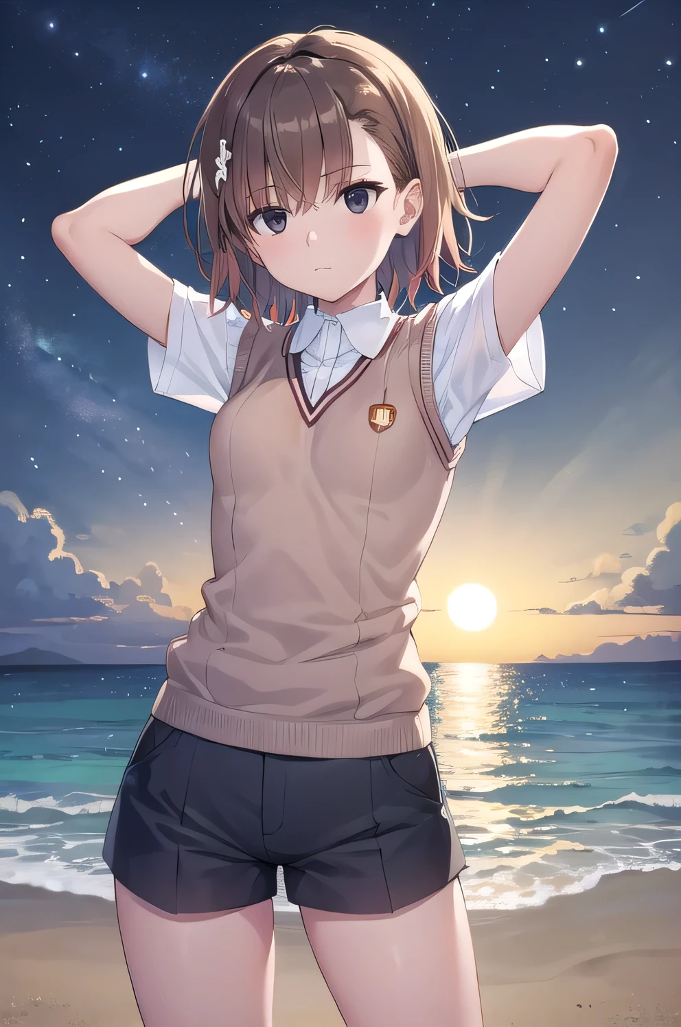 short hair, brown hair, black eyes, empty eyes, shaking hips, sweater vest, shirt, shorts, white shirt, pleated shorts, v-neck, short sleeves, tokiwadai , misaka imouto,  solo, night sky, beach, arms behind head, contrapposto, spread armpits, closed mouth, (cowboy shot:1.5), looking at viewer, 
