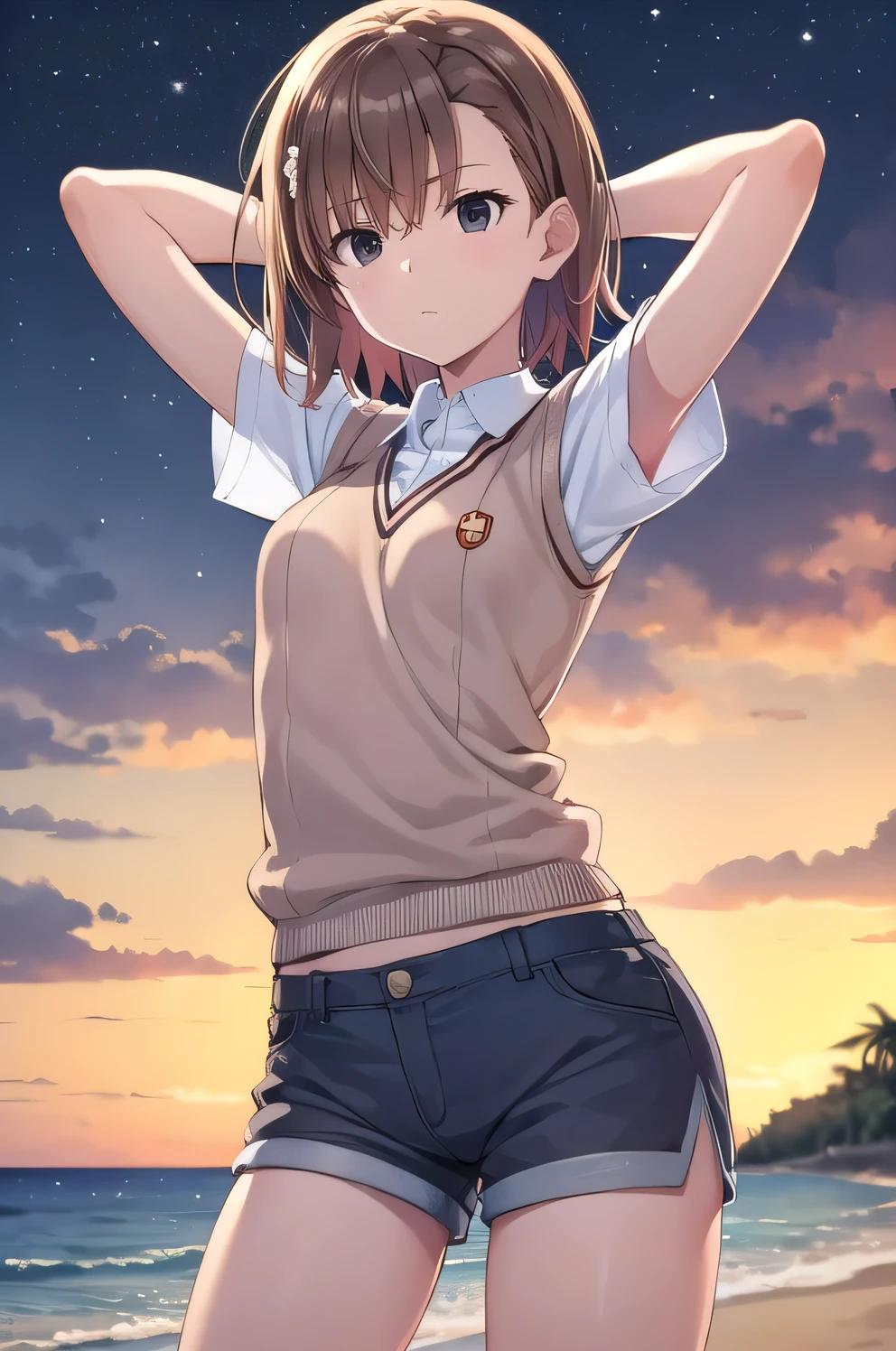 short hair, brown hair, black eyes, empty eyes, shaking hips, sweater vest, shirt, shorts, white shirt, pleated shorts, v-neck, short sleeves, tokiwadai , misaka imouto, solo, night sky, beach, arms behind head, contrapposto, spread armpits, closed mouth, (cowboy shot:1.5), looking at viewer,