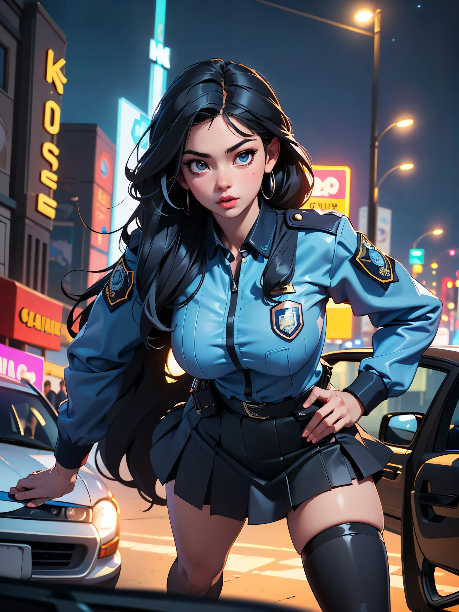 (RAW photo, 4k, masterpiece, high resolution, extremely complex) (realistic: 1.3), cinematic lighting Delicate girl with facial features, oversized, sexy body, protruding and upturned 1 female policeman blue police uniform uniform black wrapped short skirt, handsome action with batons, night scene, movie shot, white skin, panoramic police car next to it