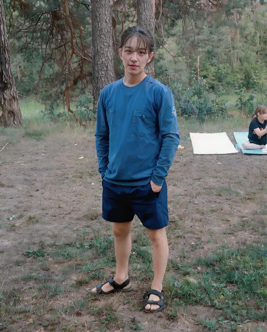 A shameless teen boy, handsome and cute face, shirtless pantsed, wearing glasses, wearing blue underwear, play guitar, sitting under the tree in the city centre 