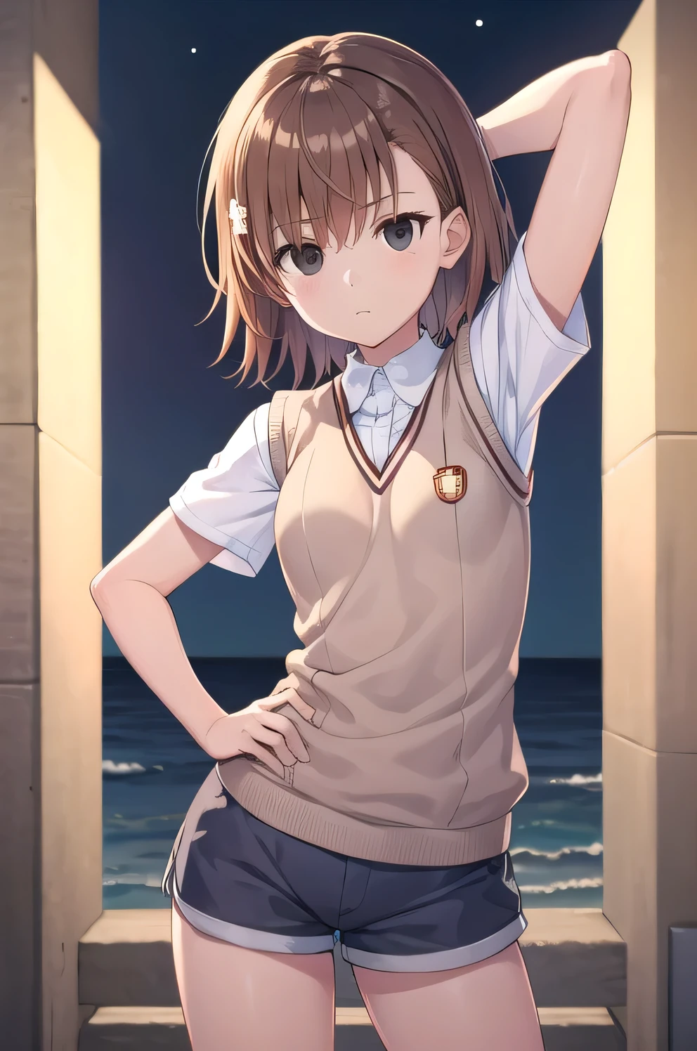 short hair, brown hair, black eyes, empty eyes, sweater vest, shirt, shorts, white shirt, pleated shorts, v-neck, short sleeves, tokiwadai , misaka imouto, solo, night sky, beach, arm behind head, hand on hip, contrapposto, spread armpits, closed mouth, (cowboy shot:1.5), looking at viewer, best quality,