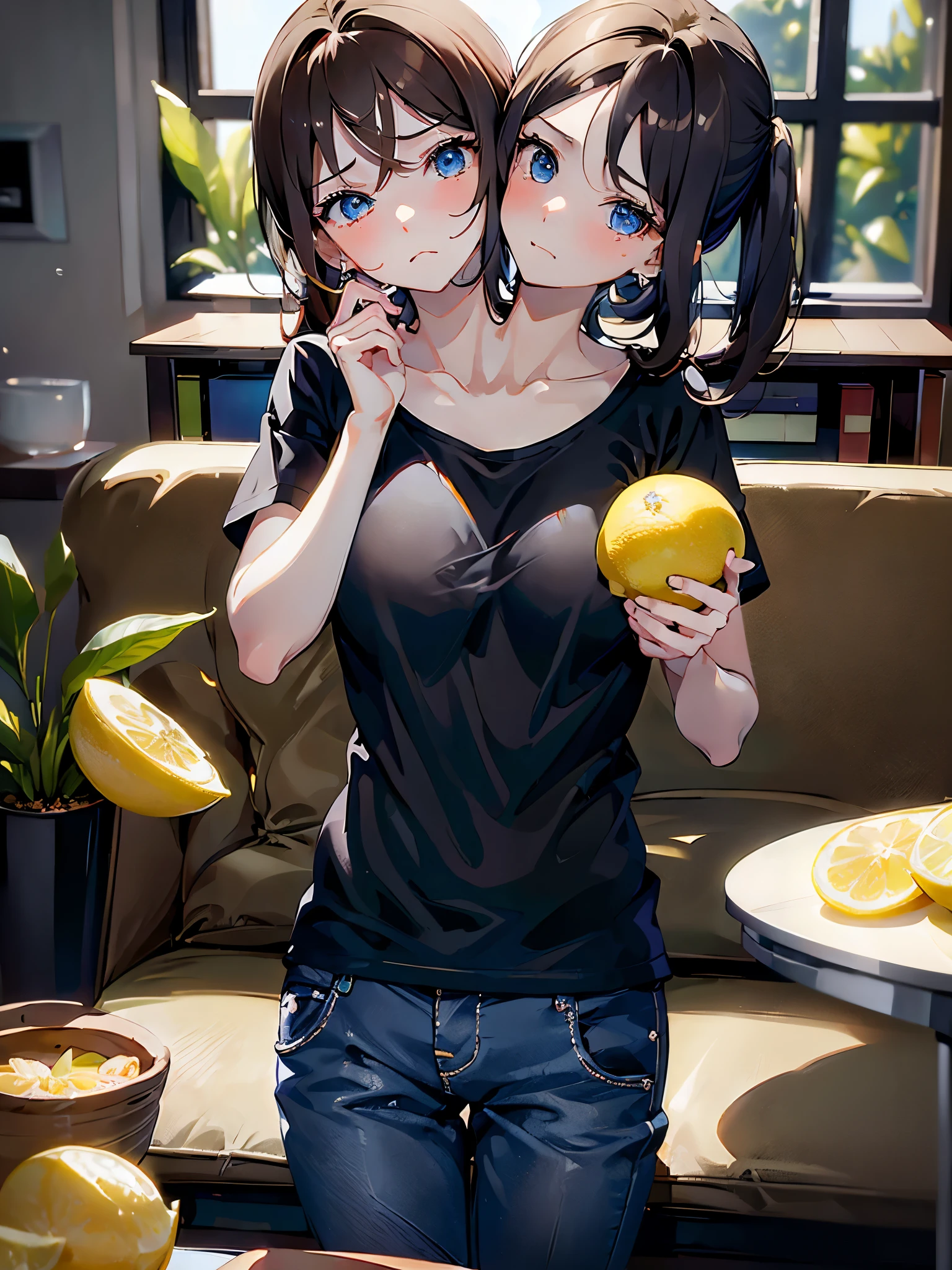 (masterpiece, best quality), best resolution, (2heads:1.5), 1girl, in pain, uncomfortable, puckering up, holding a lemon, tears in eyes, brown hair, blue eyes, black t-shirt, gray short pants, living room