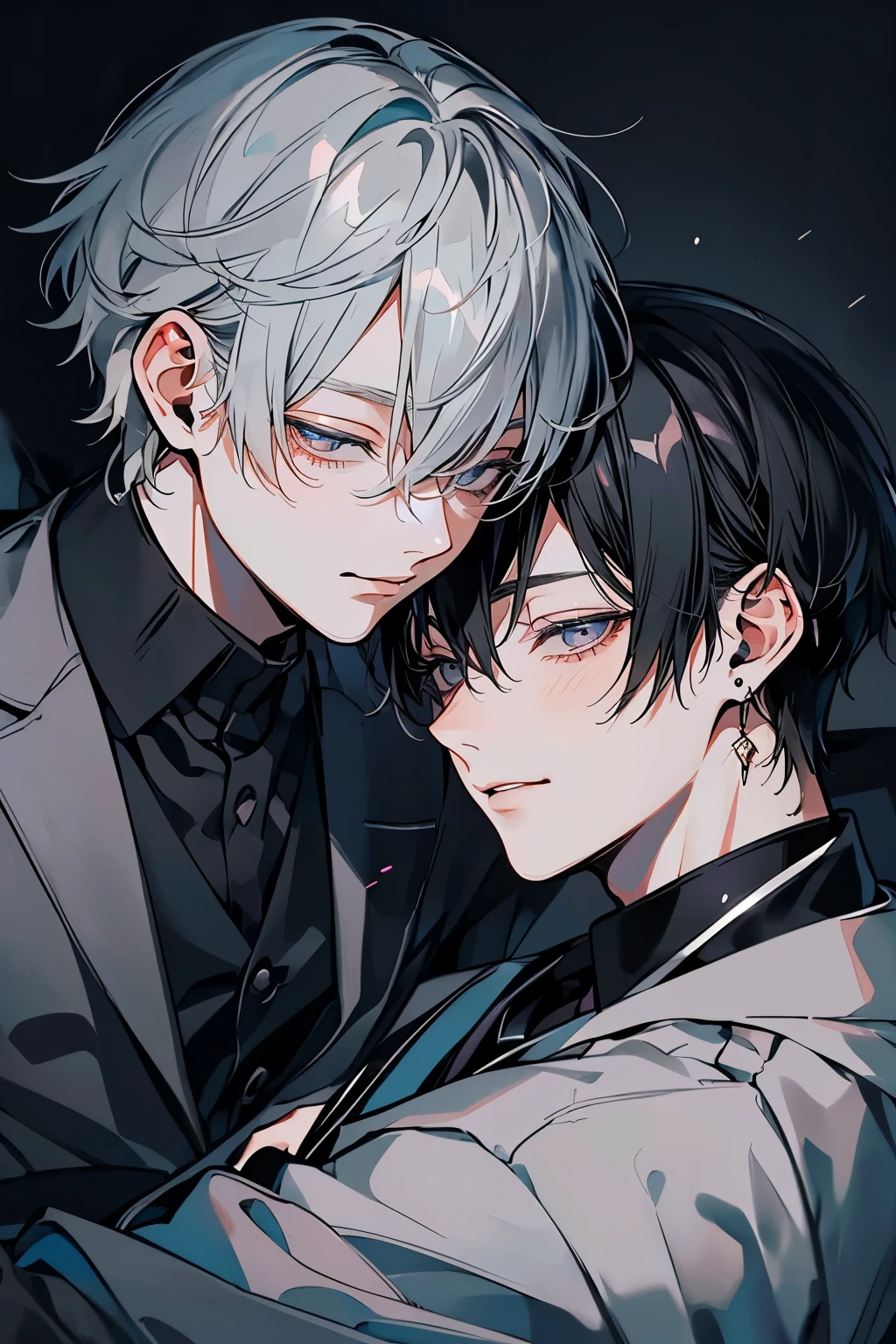 (Mastepiece), (Best Quality), Very detailed, ((Two men intimate:1.5)), Perfect Face, Beautiful Face, Very detailedな顔，(Black-haired man:1.3)，(Grey-haired man:1.3)、suit、(Close your eyes and laugh:1.2)