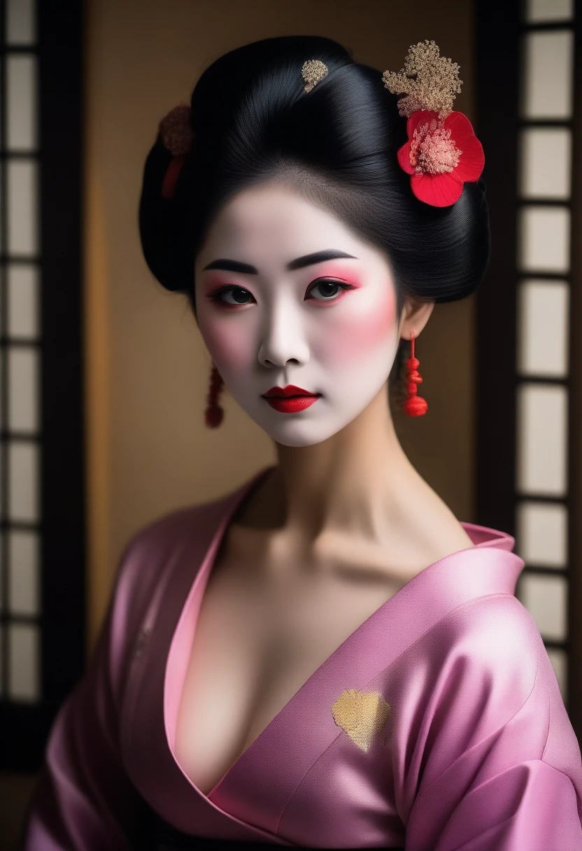 Portrait of a beautiful Geisha, (realistic photo face:1.5), bare shoulders, Japanese house, Introverted, Intuitive, Feeling, Perceiving, Turbulent Mediator.