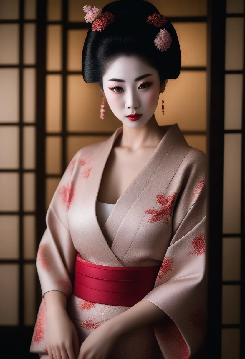 Portrait of a beautiful Geisha, (realistic photo face:1.5), bare shoulders, Japanese house, Introverted, Intuitive, Feeling, Perceiving, Turbulent Mediator.