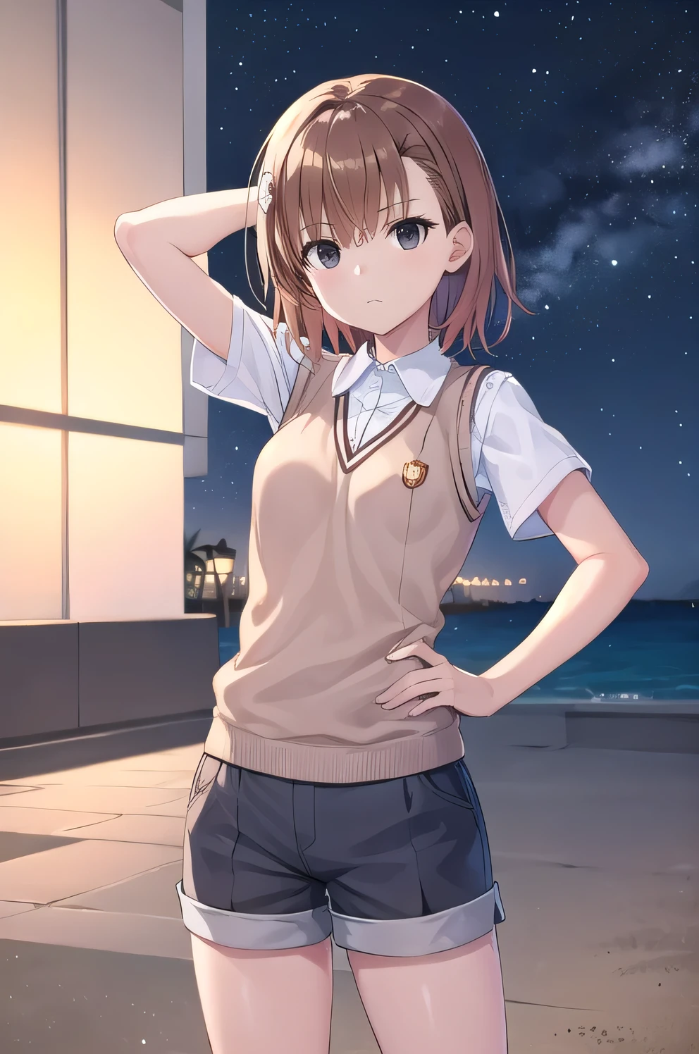 short hair, brown hair, black eyes, empty eyes, sweater vest, shirt, shorts, white shirt, pleated shorts, v-neck, short sleeves, tokiwadai , misaka imouto, solo, night sky, beach, arm behind head, hand on hip, contrapposto, spread armpits, closed mouth, (cowboy shot:1.5), looking at viewer, best quality,