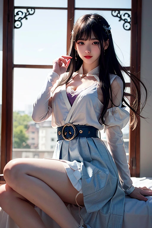 【Wearing a light blue top and a pure white skirt,The skirt sways in the wind。Shoulder-length black hair。Blue eyes give people a feeling of being hard to approach】Wearing a light blue top,The bottom is white shorts,Wearing white riding boots with a hint of light blue。Eyebrows like a distant dai,Long, naturally curled eyelashes,The sea blue eyes are as bright as stars,The rosy lips slightly raised,Fair skin,Wear the uniform of the Discipline Inspection Department,She exudes a strong gentle atmosphere。Beautiful long black curly hair tied up high with a ribbon,Gives people a mysterious beauty。身穿白色的长袖clothing,A short pale blue shawl tunic and a pleated skirt of the same color,A white belt is tied around the waist with a short tassel。Silver hair down to waist,用蓝色丝带系了一部分的hair,One eye is as blue as the ice of the Arctic,The other eye seemed to be cursed and became as dark as the endless night.,Long, dense eyelashes like a small fan,Wear bangs that reach up to your eyes and are parted to both sides。The whole person exudes enthusiasm,It seems to melt everything away。little cherry mouth,Clear and bright pupils,Curved eyebrows,The long eyelashes trembled slightly,Fair and flawless skin with a hint of blush,Long flowing hair of wheat,Thick bangs.Has a slender and upright body,Wearing a pair of silver earrings.【Long curly hair、Messy pick up a few strands and don't head it again、Light makeup、Crystal earrings with pink in white、The W pendant bracelet on his hand shimmered with dazzling light、Feather necklace around the neck、Still blowing in the wind。The same white and pink boots、A delicate crystal chain hangs from a fluffy pink ball at the edge of the boot。White skirt、Pink,The purple eyes look charming and seductive. The slightly thin and soft cherry lips are cute.、The whole person looks cute and,The image of a good girl in school。】--【Dark purple shirt,Dark floral pattern on shirt,It's a light little rose。standing collar,The neckline and cuffs have thin lavender lace,The soft lace is wrapped around the shirt like a thin layer of marshmallow.。On her chest she also wore a four-leaf clover brooch from the Saint Sakura Academy。Waist,The lower end is a semicircular closure,A romantic atmosphere of France。The lower body is matched with a black midi skirt,Yarn,With fine silver threads。Many tightly drawn ribbons are sewn on it.,The hem is an arc,It also has the charm of medieval France.。Paired with a pair of light blue socks,Same color lace,Then put your feet into a pair of black round-toed doll shoes,Standing under the sun, there will be patches of light shining。把前面的hair分在两边绑成细细的辫子,然后把辫子再都归到后面散着的hair里面。Secure with a small butterfly-shaped dark blue hairpin。幽紫的hair上还斜戴了一顶白金公主皇冠,Looks so noble and elegant。Stand in front of the mirror,The girl in the mirror is dressed gorgeously and seems to be from a long time ago。It's kind of funny。But she is so beautiful indeed.,clothing,shoe,hair,All woven with a layer of luxurious light,Showing the elegance of a royal princess。】