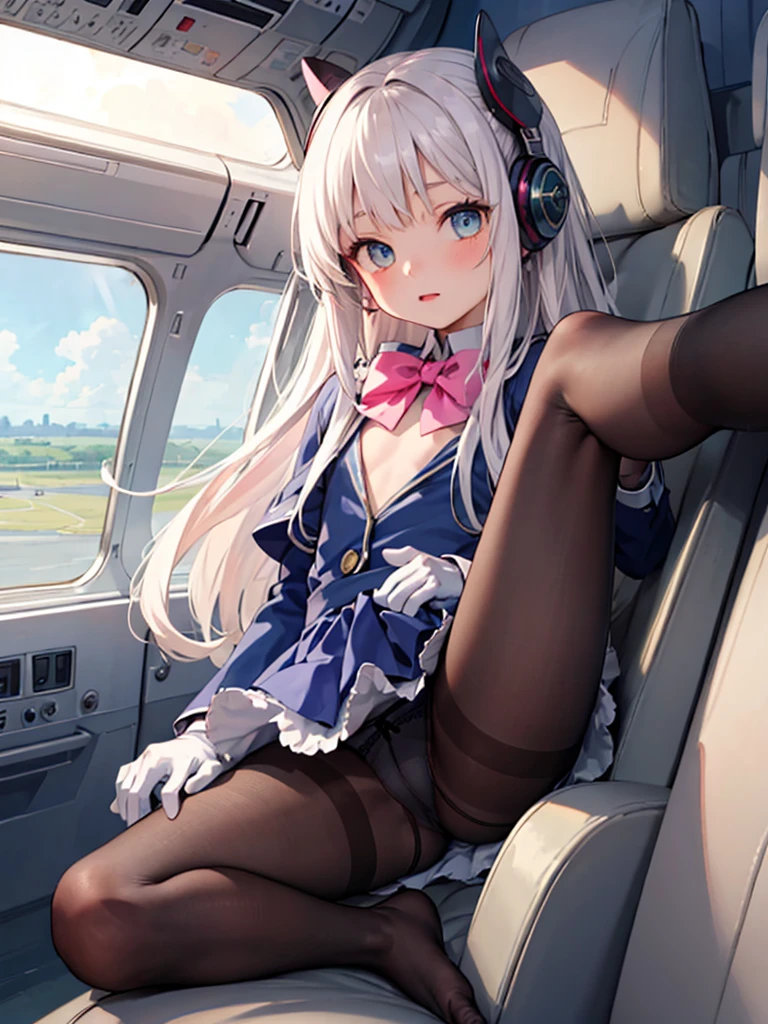 masterpiece, highest quality, 1 girl, solo, 6 , (flat chest), Ingrid, Hair Pod, gloves, skirt, pantyhose, bow, dress, black pantyhose, black panties under pantyhose, pink panty, Airplane interior, View from between the legs,leg up, show off pussy