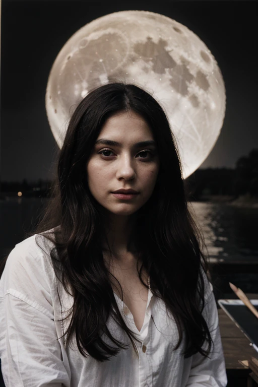 There's a woman standing in front of a lake, portrait of a cosmic goddess, Retrato de perla autocromada, « Femme on a galactic shore, Portrait of a Norse goddess of the moon, photographed on damaged film, 3 Retrato de 5 mm, taken on a 1970s polaroid camera, movie portrait, photographed on expired film, Tomada con Polaroid Kodak Portra