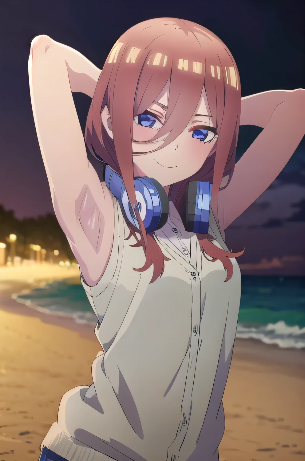 solo, 1girl, looking at viewer, 2D, anime, anime coloring, miku nakano, cardigan, headphones around neck, solo, night sky, beach, arms behind head, contrapposto, closed mouth, upper body, looking at viewer, smile,