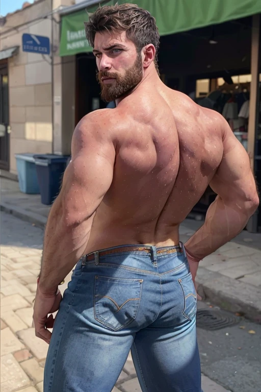 gianluca_antonelli, arrogant, smirk, shirtless, jeans, hairy chest, muscular, street, daylight, male focus, upper body, standing,, broad shoulders, big biceps, beard, ear piercing, blue eyes, full body (((backside)) ((very Big butt)) bent over 