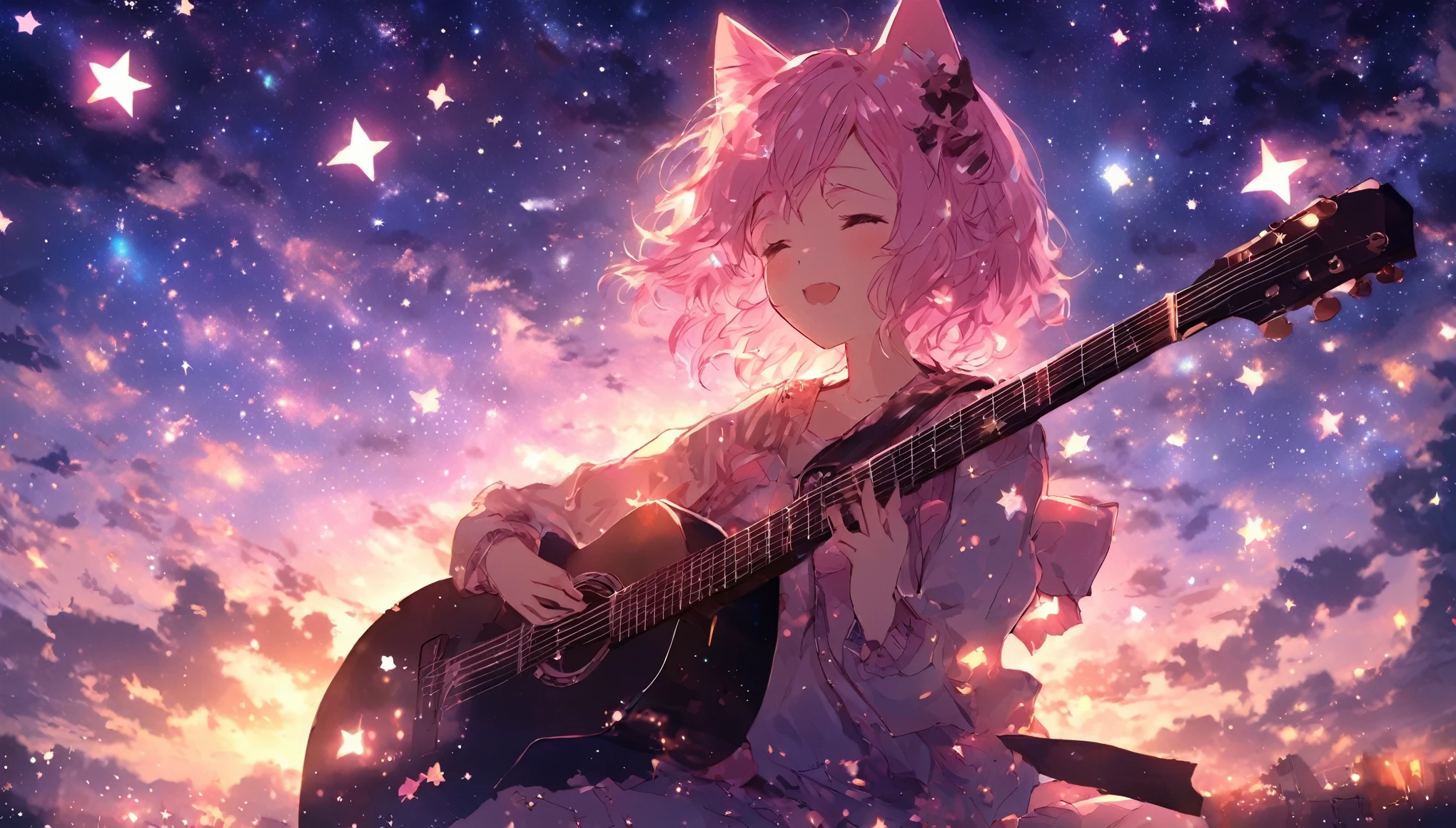 picture a scene of a girl playing the guiter alone with stars in the sky. Anime, pink hair, cat ears. That's her charm.