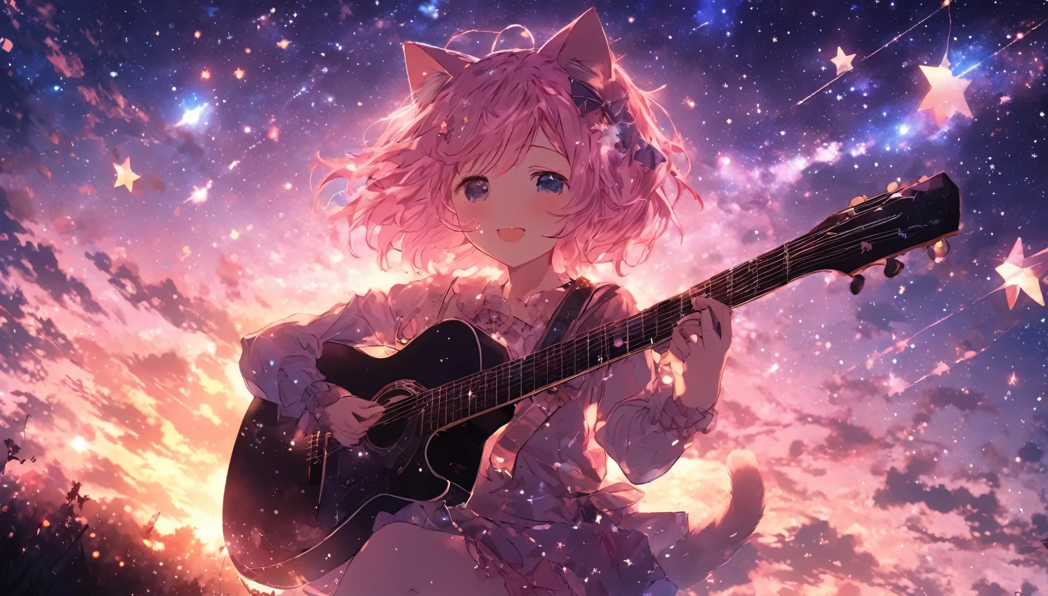 picture a scene of a girl playing the guiter alone with stars in the sky. Anime, pink hair, cat ears. That's her charm.