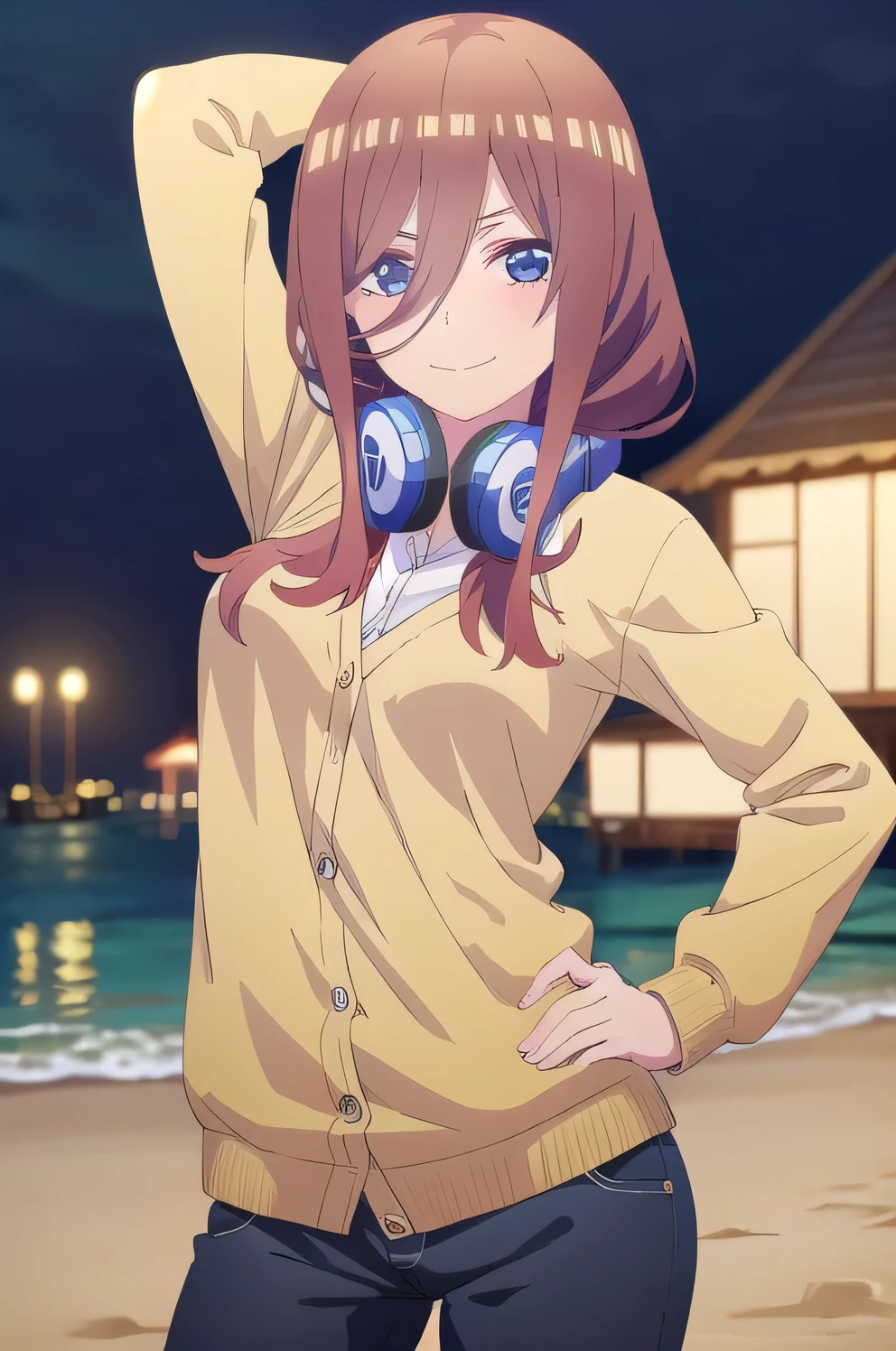 solo, 1girl, looking at viewer, 2D, anime, anime coloring, miku nakano, cardigan, headphones around neck, solo, night sky, beach, arm behind head, hand on hip,  contrapposto, closed mouth, (cowboy shot:1.5), looking at viewer, smile,