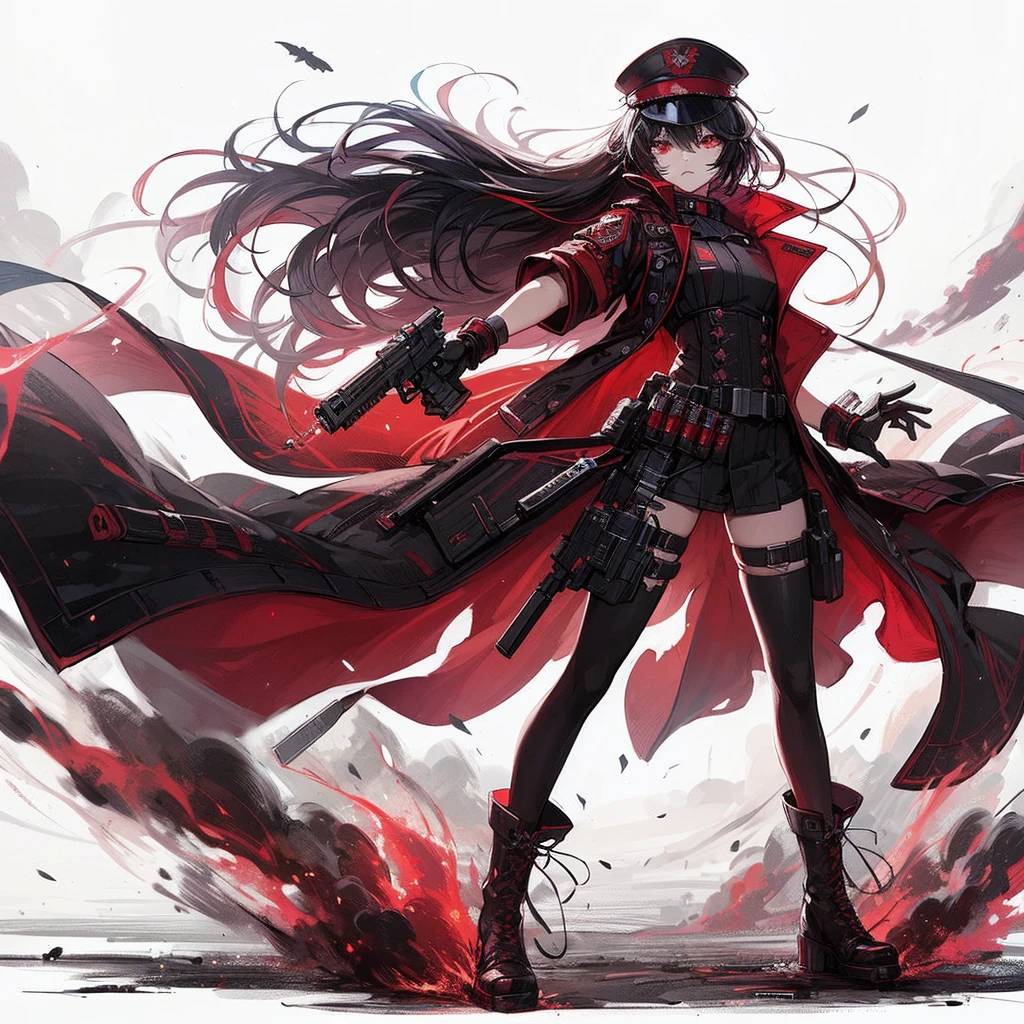 (masterpiece, highest quality), Super detailed, Anime Style, whole body, alone, cyberpunk soldier girl, Men wearing red and black military uniforms and hats, Fluttering Cape, Black hair and red eyes, Male Beauty, Holding a saber and a pistol, Wearing long boots, Supernatural red and black flames, Karate fighting poses, Standing in the wasteland, Digital Painting, 8K High Resolution, Art Station Trends, White Background, whole body,

