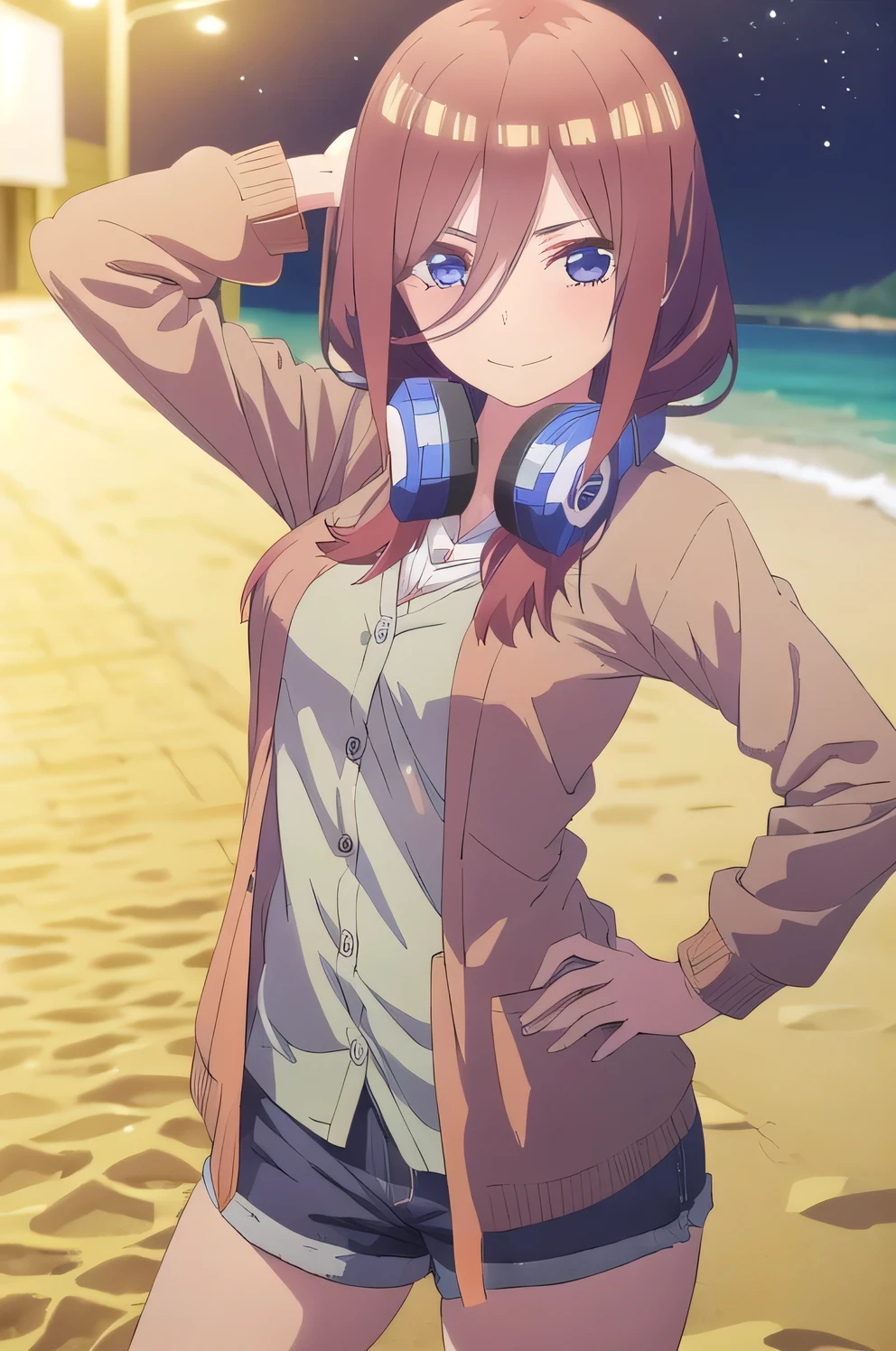 solo, 1girl, looking at viewer, 2D, anime, anime coloring, miku nakano, cardigan, headphones around neck, solo, night sky, beach, arm behind head, hand on hip,  contrapposto, closed mouth, (cowboy shot:1.5), looking at viewer, smile,