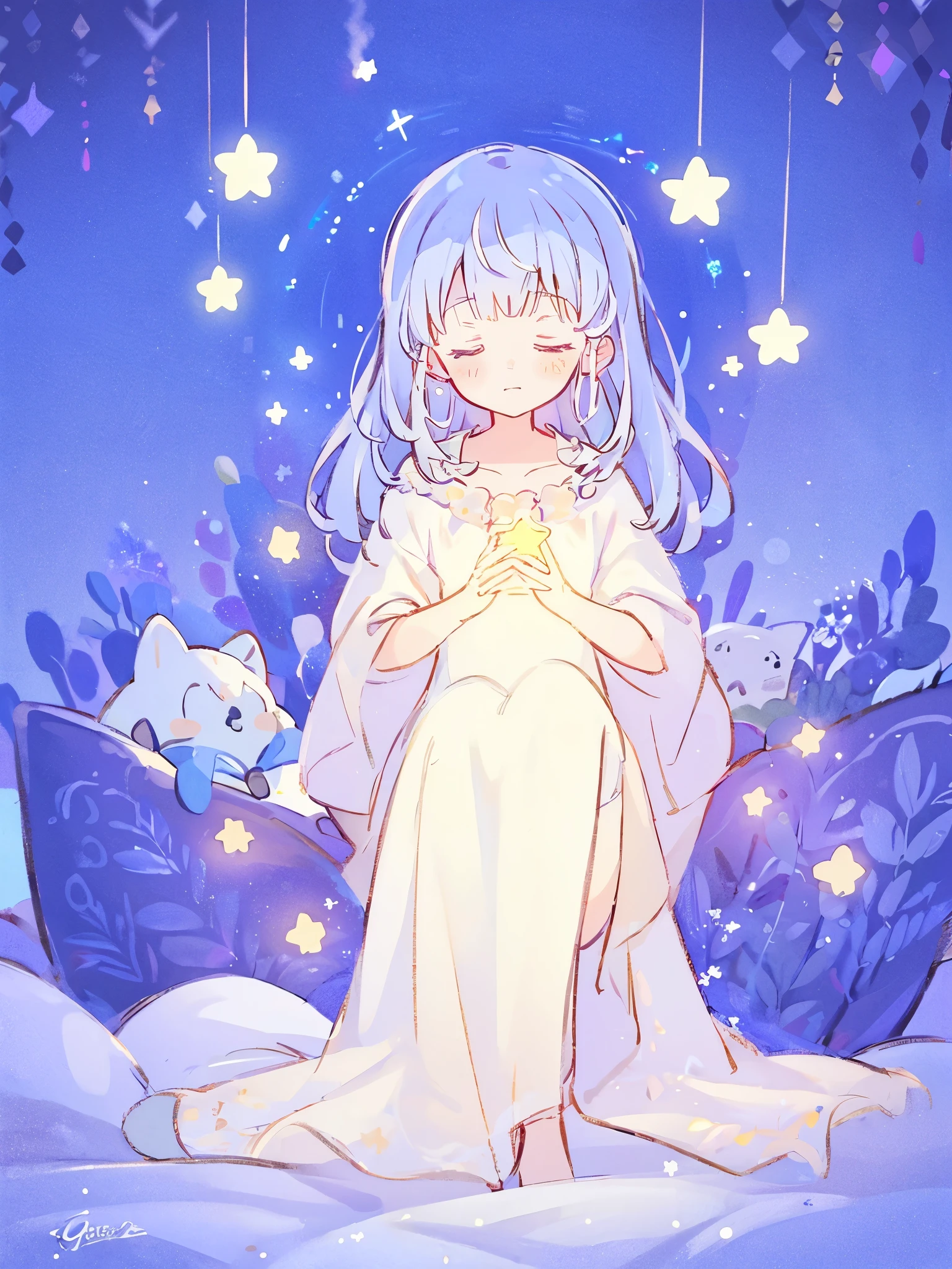 wishing star background, woman surrounded by flowing translucent fabric that reflects the stars, woman holding a glowing star in her hands, magical, complex drawing, highly detailed, ethereal, starry night, midjourney style
