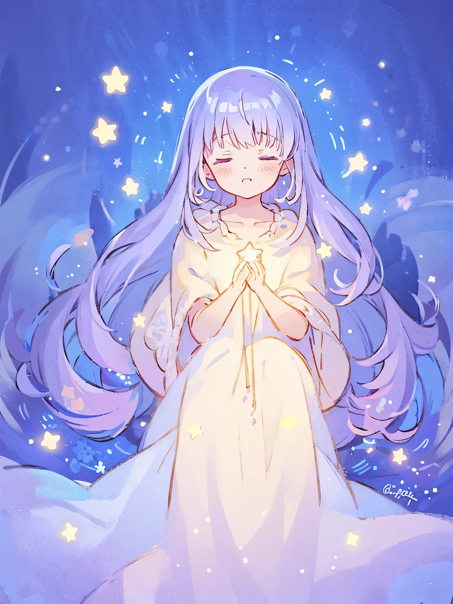 wishing star background, woman surrounded by flowing translucent fabric that reflects the stars, woman holding a glowing star in her hands, magical, complex drawing, highly detailed, ethereal, starry night, midjourney style