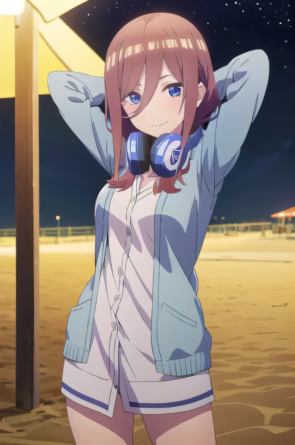 solo, 1girl, looking at viewer, 2D, anime, anime coloring, miku nakano, cardigan, headphones around neck, solo, night sky, beach, arms behind head, contrapposto, closed mouth, (cowboy shot:1.5), looking at viewer, smile,