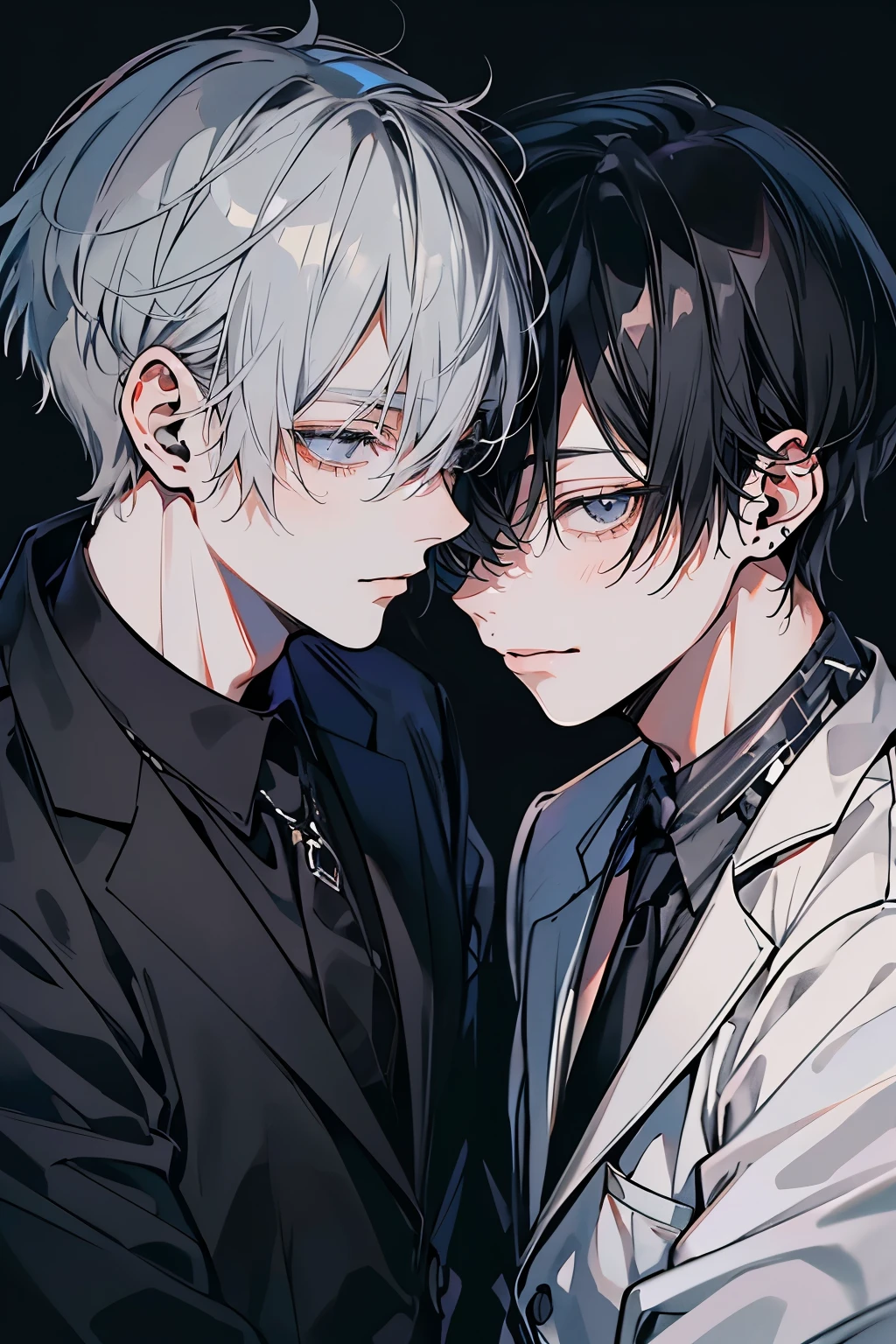 (Mastepiece), (Best Quality), Very detailed, ((Two men intimate:1.5)), Perfect Face, Beautiful Face, Very detailedな顔,(Black-haired man:1.3),(Grey-haired man:1.3)、suit、(smile:1.2)