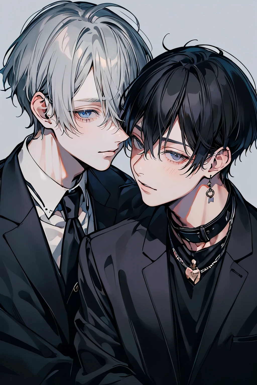 (Mastepiece), (Best Quality), Very detailed, ((Two men intimate:1.5)), Perfect Face, Beautiful Face, Very detailedな顔，(Black-haired man:1.3)，(Grey-haired man:1.3)、suit、(smile:1.2)