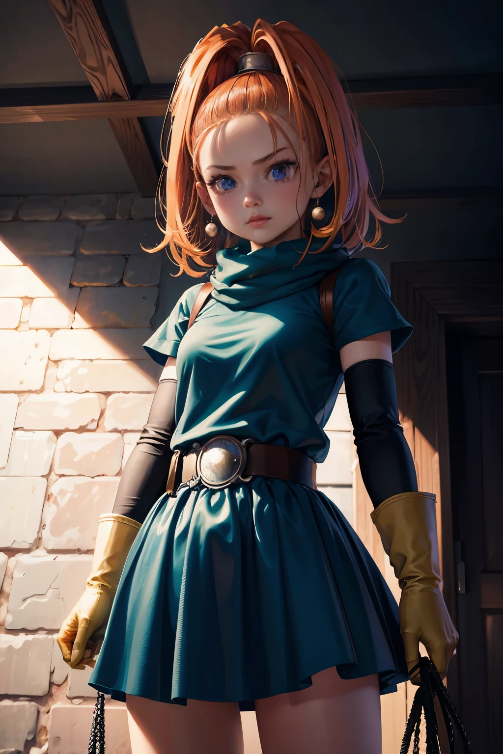 ashlynn,barbara,dq6,dragon quest, sultry face, (full :1.5), Long eyelashes, beautiful eyes with brightness, Surrealism, Shadow, Stereogram, photoRealistic, Realistic, throw, Atmospheric perspective, Cinema Lighting, Ray Tracing, 8k, Super detailed, highest quality, masterpiece, In good detail, (Canon EOS R6, 135mm, 1/1250s, debt/2.8, ISO400:0.9), Yellow gloves, slim, (Medium chest:1.4) (view from front:1.4)(Nature background:1.3)