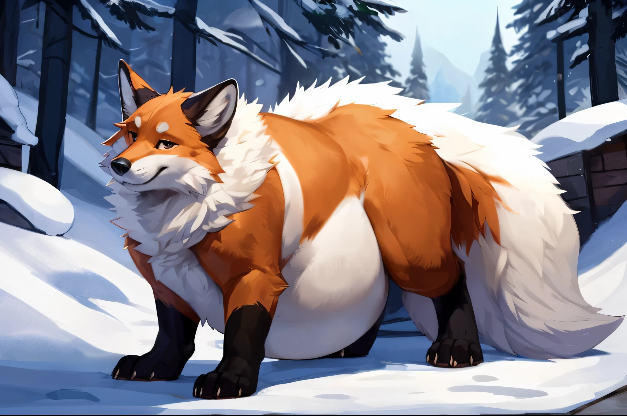 4k ultra quality, 4k full body view,(ultra high detailed body),((feral)) fox,by mystikfox61, by glitter trap boy,feral paws, by bebebebebe,by morethreedee, by seibear,(thick thigh),(chubby thigh),thicc thigh,thick legs,chubby legs,thicc legs,massive butt,enomorous thigh,massive thigh,massive legs,thick lower legs,wide legs,(detailed thigh),(wide thigh),fluffy belly sharp nails,((sfw)),(ultra detailed face),detailed eyes,big tail,fluffy tail,(detailed tail),enomorous tail,bigger tail,huge tail,volumetric light,big paws,(thick paws),fluffy paws,furry paws,enomorous paws,(feral focus), beast,(bigger lower body),(long legs),master works, super fine, 4k resolution, high quality,high picture detail,dark fantasy,illusory engine, Masterpiece,front view,dire fox,faint lighting,enomorous (feral) body,hyper belly,chubby (feral) body,white fur,snow