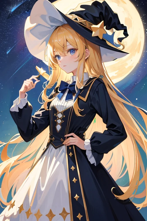 ((Masterpiece:1.2, Best quality)), 1girll, Solo, (Witch hat), Blonde hair, Long hair, dress, aurora, Night, Star (sky), mitts, sky, White dress, Night days