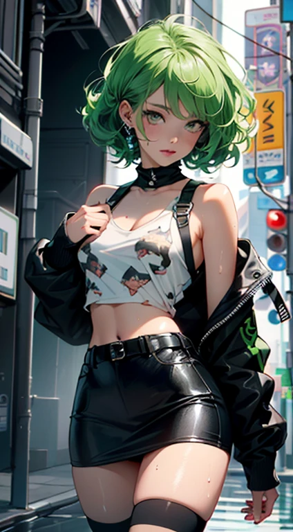 Girl YouTuber,(((One girl))),((extremely cute and beautiful green curly-haired girl)),
(chest is short:1.4),(((Green Curly Hair:1.35,Very curly hair,Inner hair color,Ear breathing,short hair))),(((Green Eyes:1.3))),Complex eyes,Beautiful fine details,Symmetrical eyes,((Fat)),(((Shiny skin:1.5,Light Skin: 1.5,Sunburned skin,Shiny skin,very Shiny skin,Shiny body,Plastic Glitter Skin,exaggerated Shiny skin,Glowing Skin,Wet legs))),Delicate and fine fingers,Detailed body,Human hand,(Detailed face),
cute,Lewd,Fascinating,erotic,(((Browsing Caution))),
zettai ryouiki,Revealing clothing,Show some skin,((rave mini skirt,Visible ties,White loose tank top with pop art print)),((Wet clothes,Complicated costumes,Complex clothing)),
(Dynamic pose:1.0),Embarrassing,(Centered,Scale to fit dimensions,Three-part method),
cyber punk city by the ocean at night, Bright neon sign and dark storm clouds and puddles, scenery:1.25,(cyber punk:1.4),
Unreal Engine:1.4,超High resolution,Best Quality:1.4, Realistic:1.4, Skin Texture:1.4, masterpiece:1.8,High resolution, Sharp focus, (Super detailed, Very detailed), (Photorealistic artwork:1.37),(Very detailed CG unity 8k wallpaper),((Synthwave Background Theme)),(((Vibrant colors))),(Complex background),(masterpiece),(highest quality),